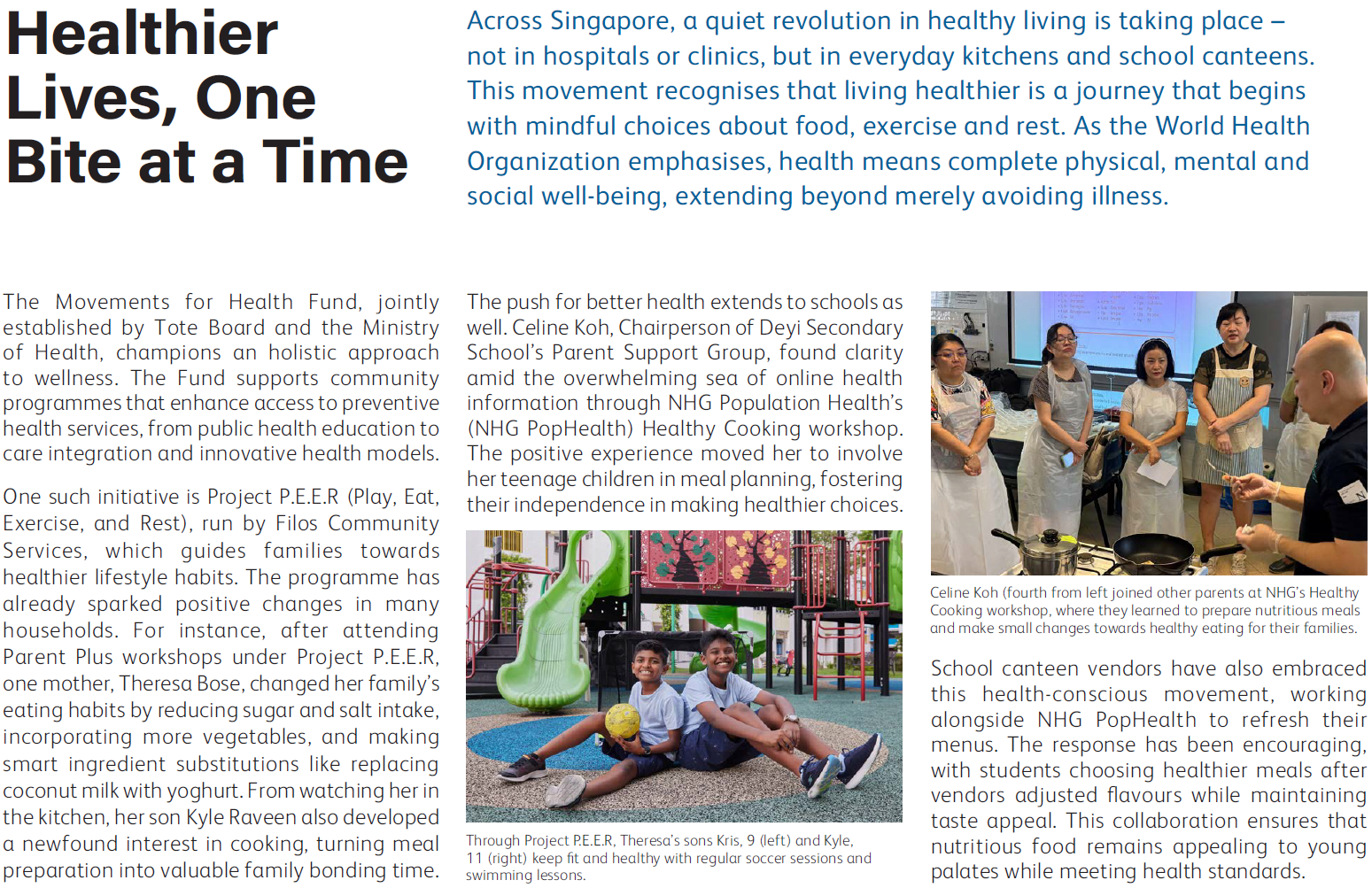 Article titled Healthier Lives, One Bite at a Time with text, a photo of two boys at a playground, and a cooking workshop photo.