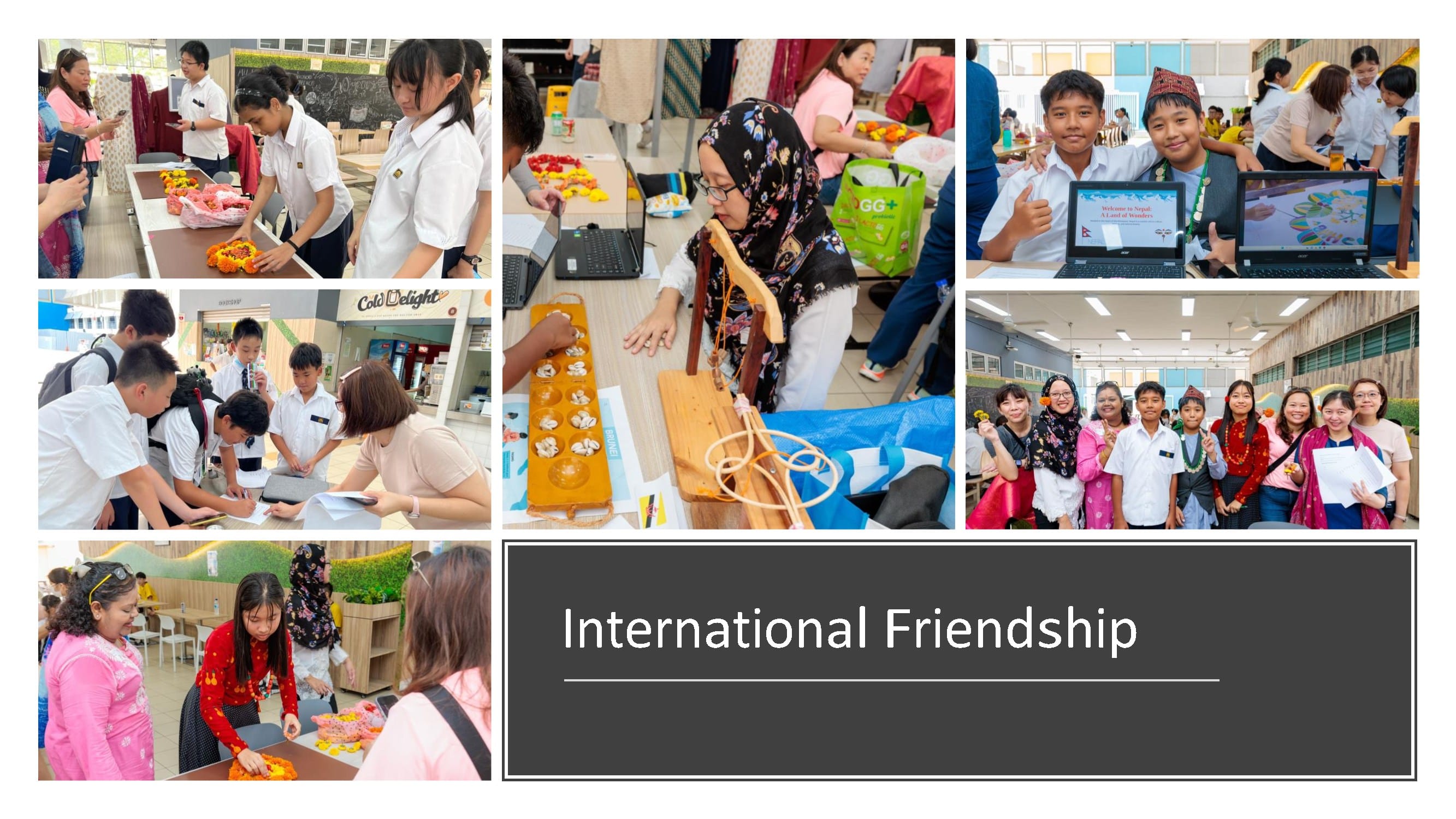 Collage of diverse students participating in an International Friendship school event with activities and group photos.