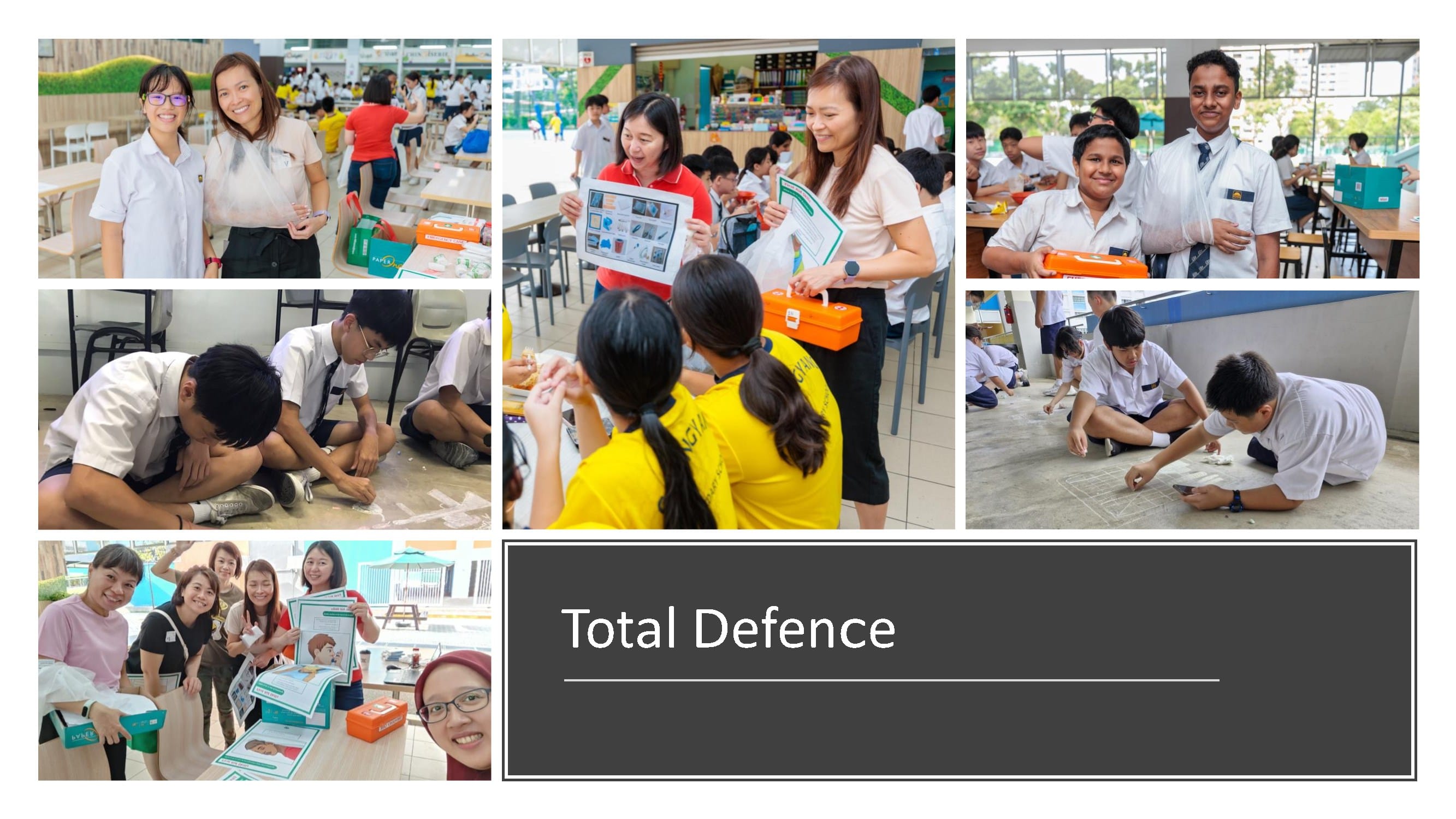 Collage of students and teachers participating in Total Defence activities at school, including hands-on tasks and group work.