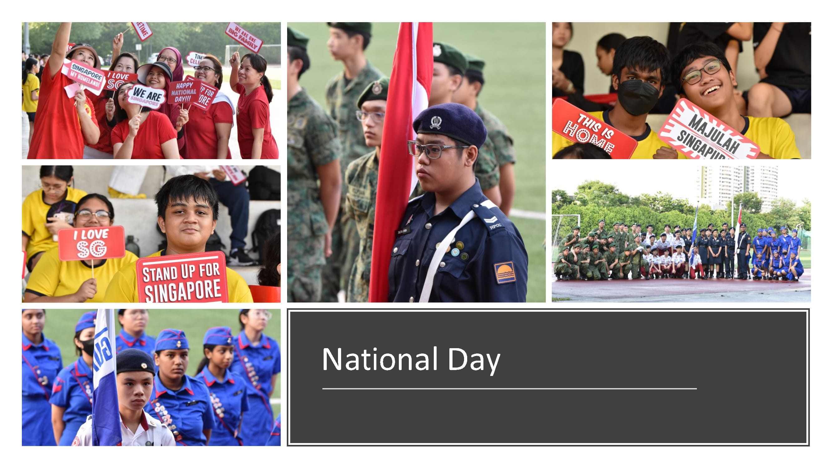 Collage of students in uniforms and red shirts celebrating Singapore National Day with flags and signs.
