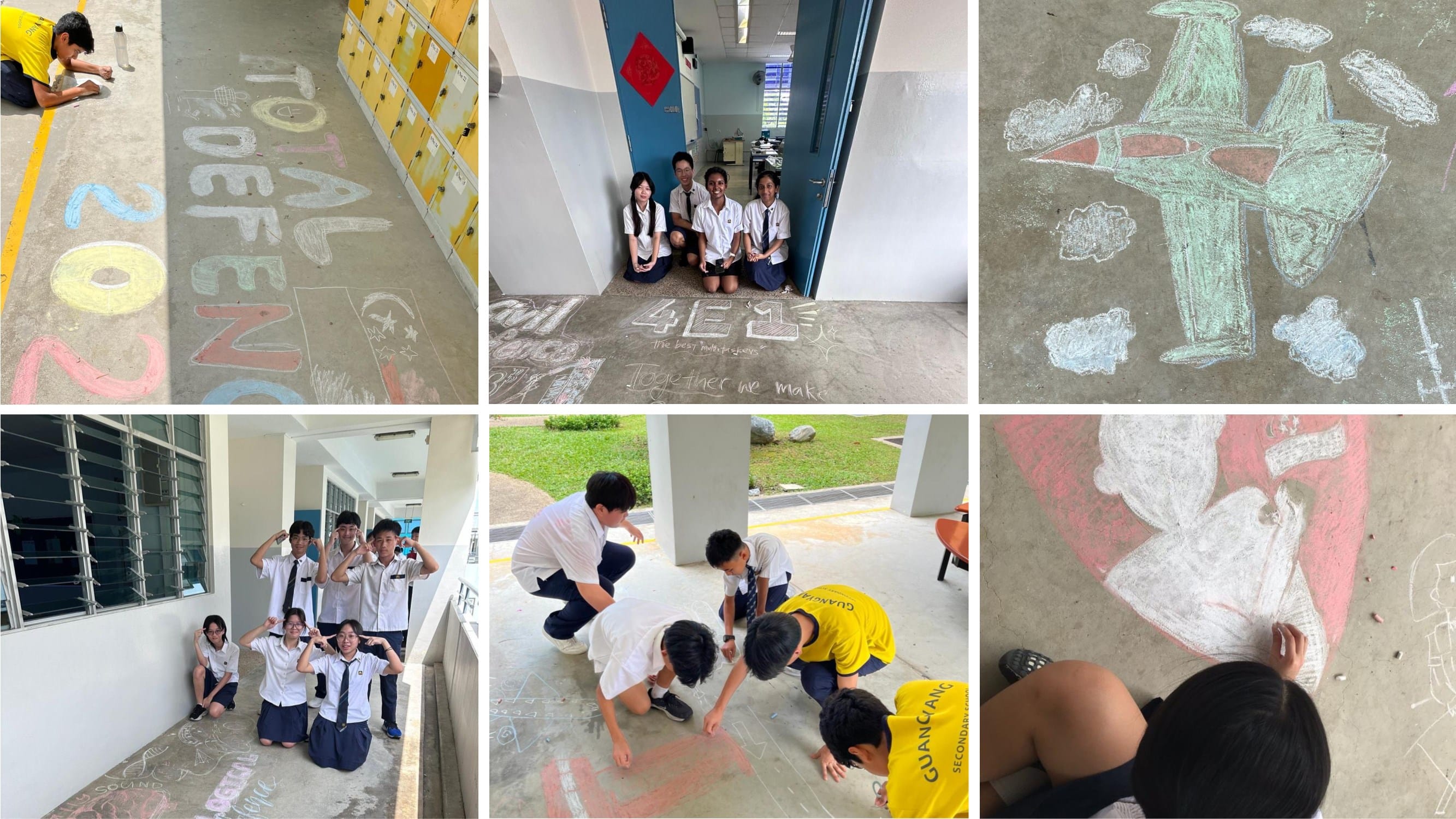 Students in school uniforms creating colorful chalk drawings on floors, including text and an airplane design.