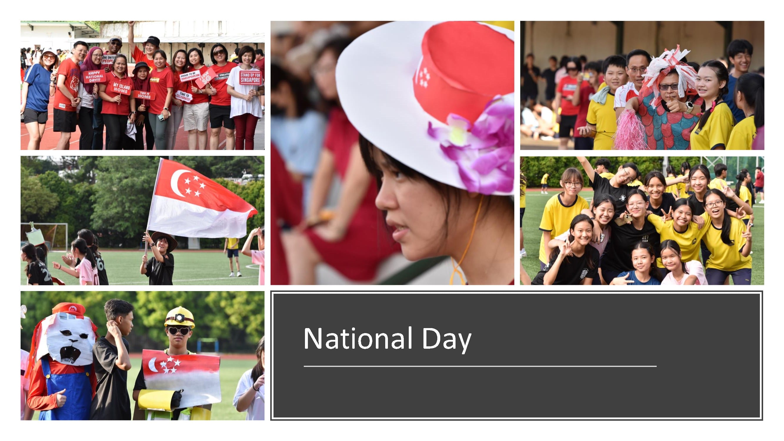 Collage of people celebrating Singapore National Day with flags, costumes, and red and white attire outdoors.