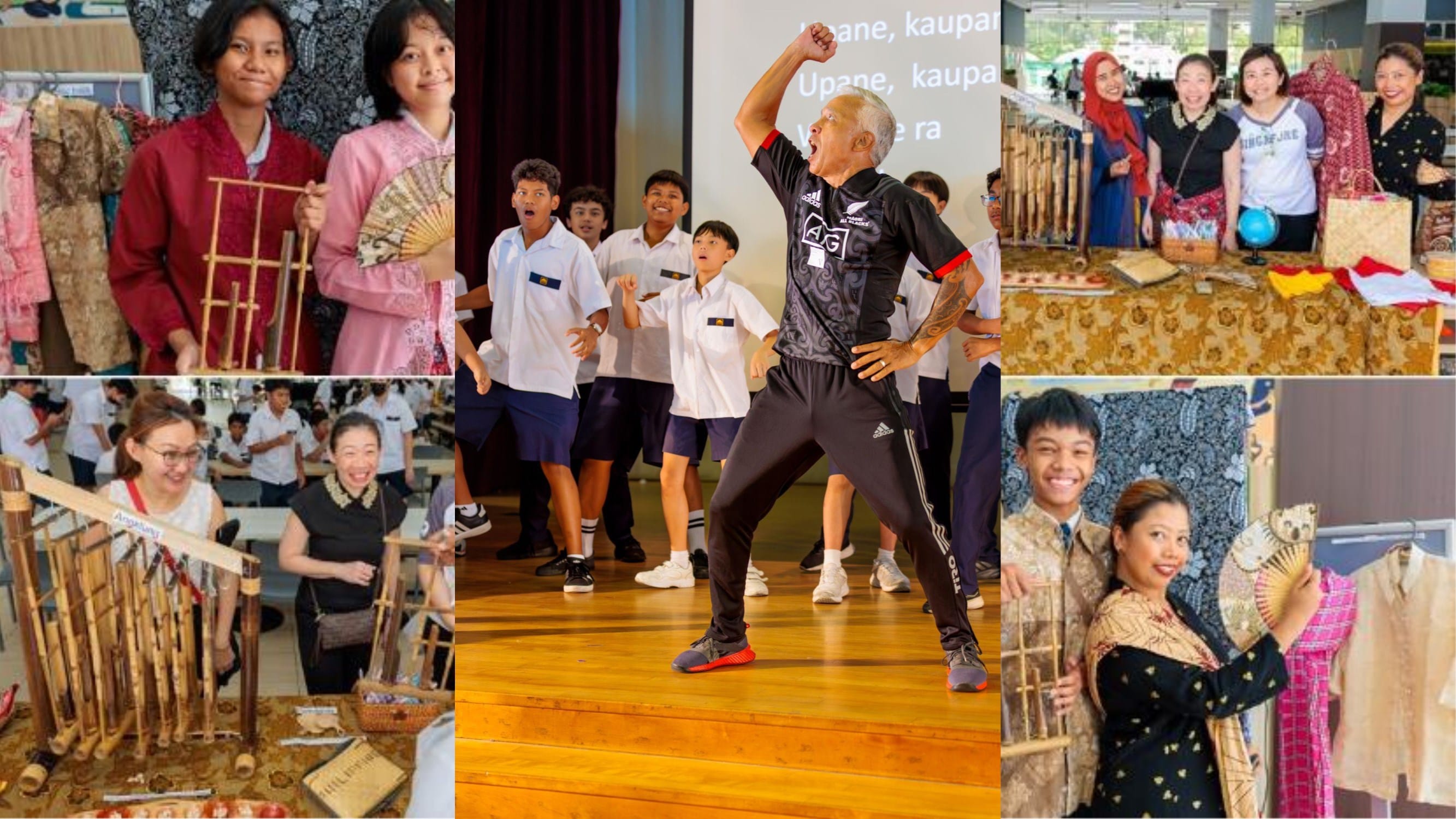 Collage of a cultural event with students doing a haka, people holding fans and bamboo instruments, and traditional clothing displays.
