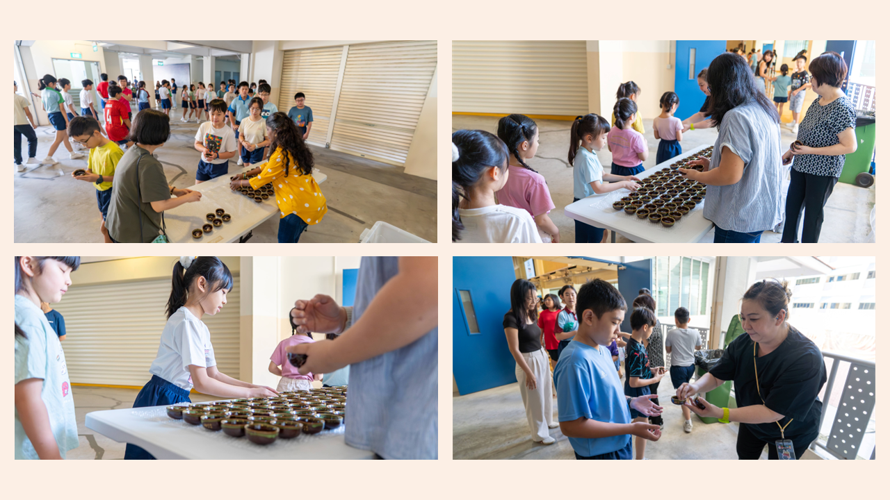 Students walked over to the school hall and collect the teacup.