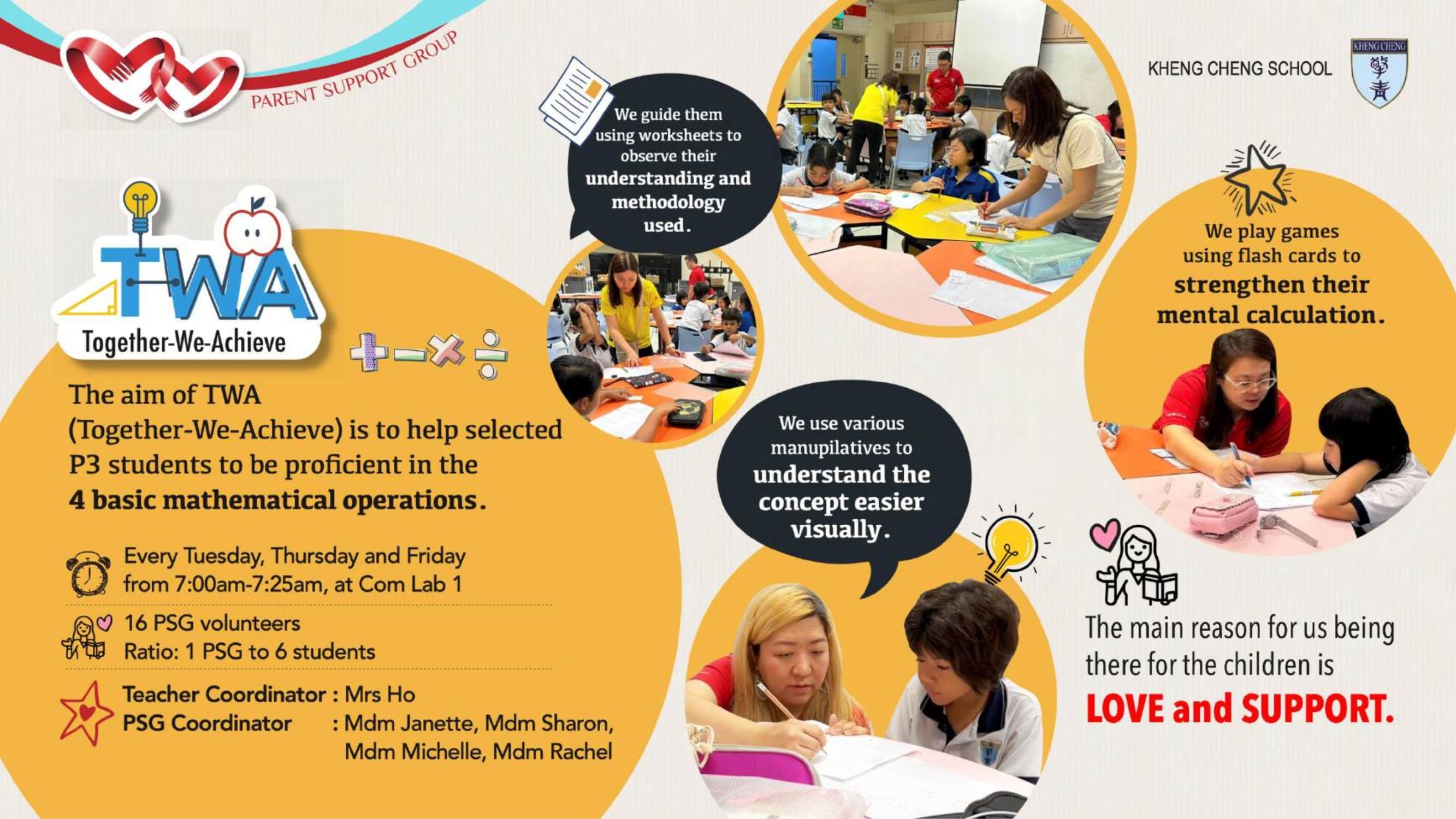 Kheng Cheng School flyer for TWA math support program showing volunteers helping P3 students with worksheets and activities.