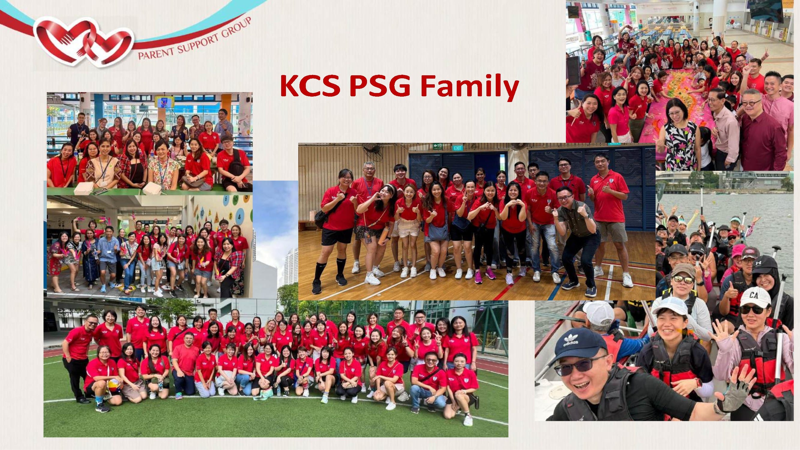 Collage of KCS PSG Family group photos showing many adults in red shirts posing together at various events.