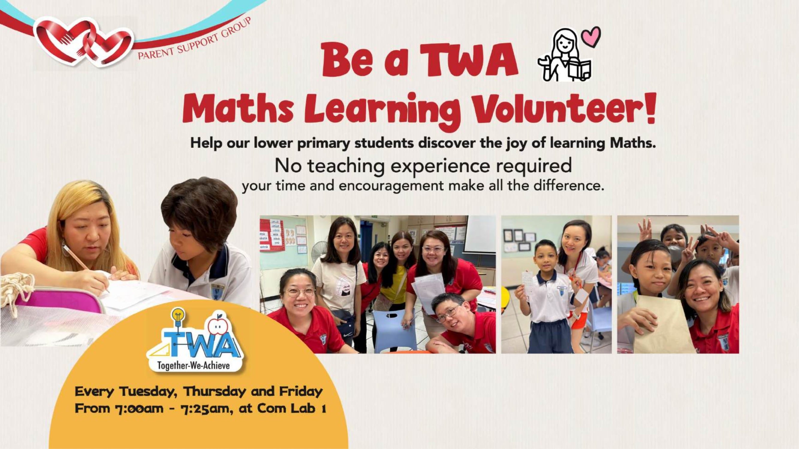 Flyer recruiting TWA Maths Learning Volunteers to help primary students, with photos of adults and children in classrooms.