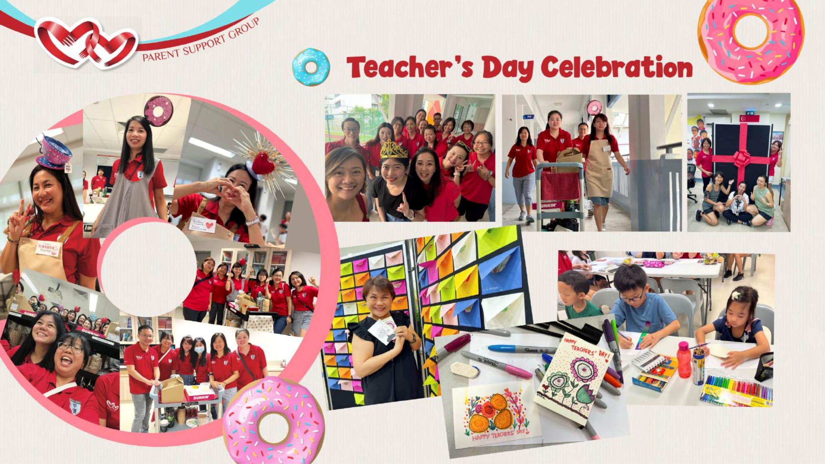 A colorful collage of photos from a Parent Support Group Teacher's Day Celebration showing groups of people in red shirts and children making cards.
