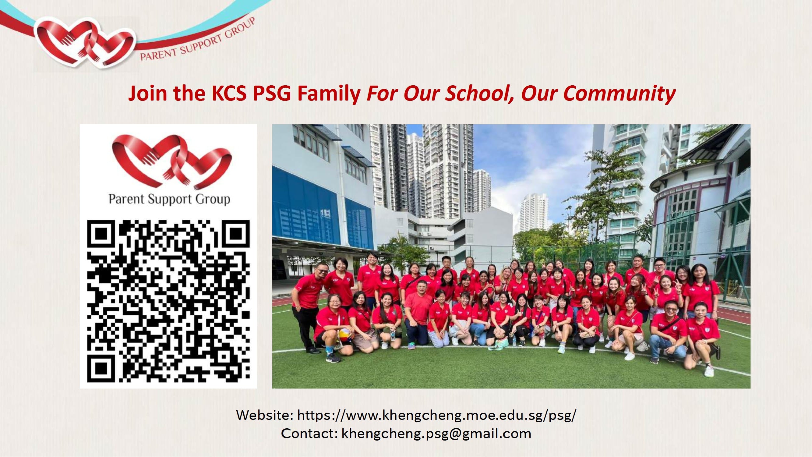 Flyer inviting people to join KCS Parent Support Group, showing a large group in red shirts posing outdoors.