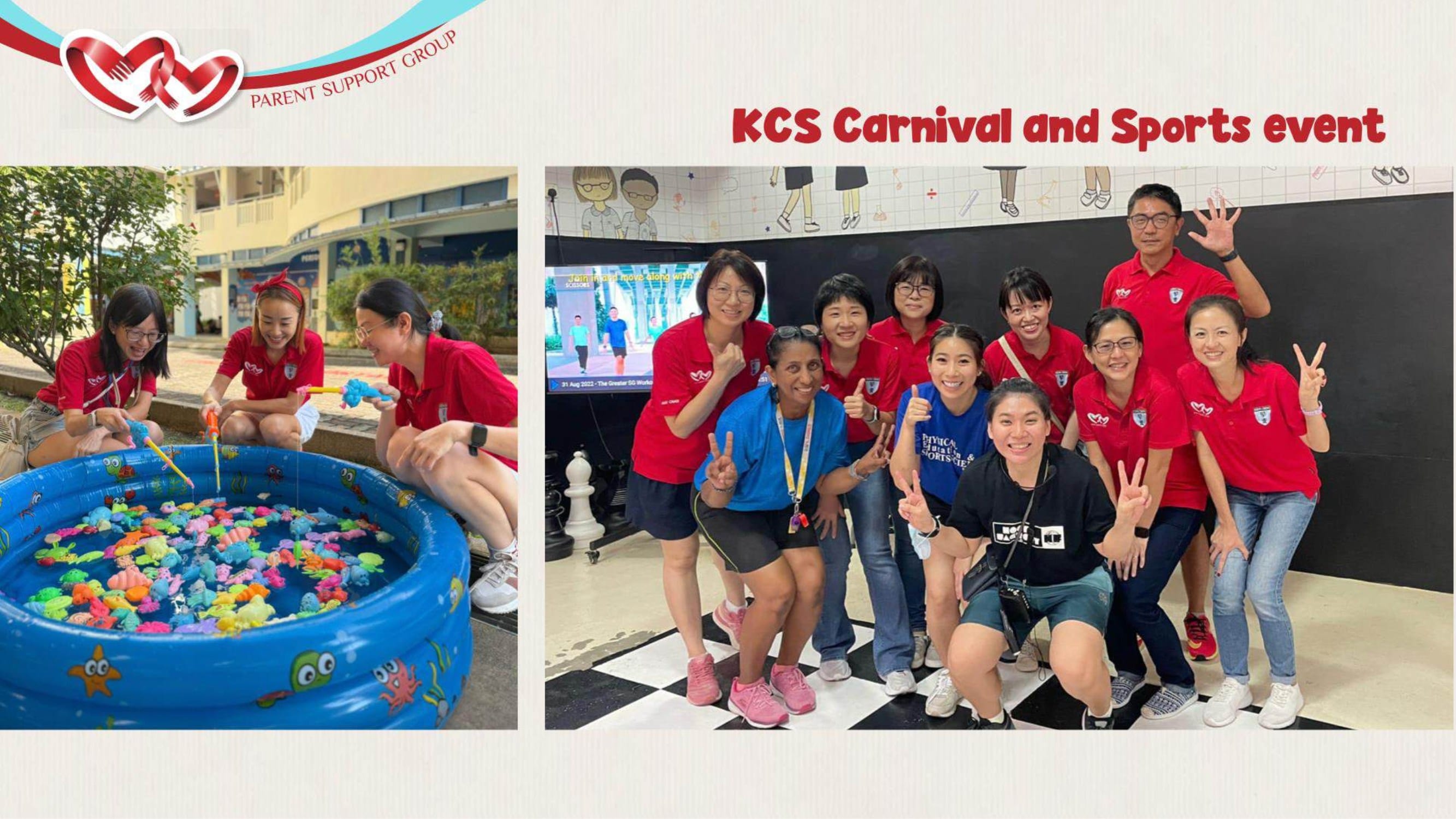 KCS Carnival and Sports event slide showing volunteers at a toy fishing pool and a group posing with peace signs.
