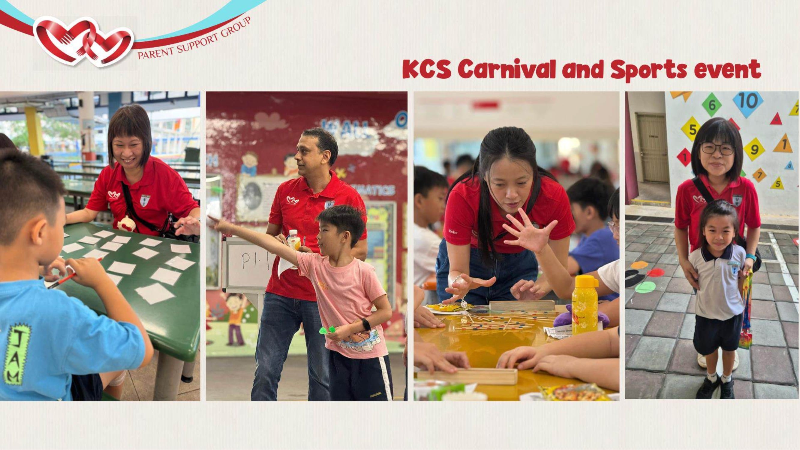 Four photos from KCS Carnival and Sports event showing adults in red shirts helping children with various activities.