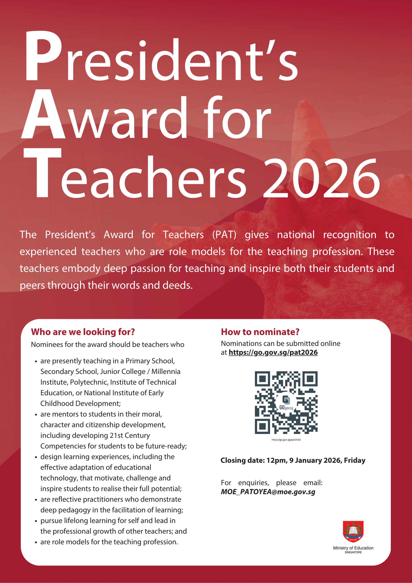 Red poster for Singapore's President's Award for Teachers 2026 with nomination details and a QR code.