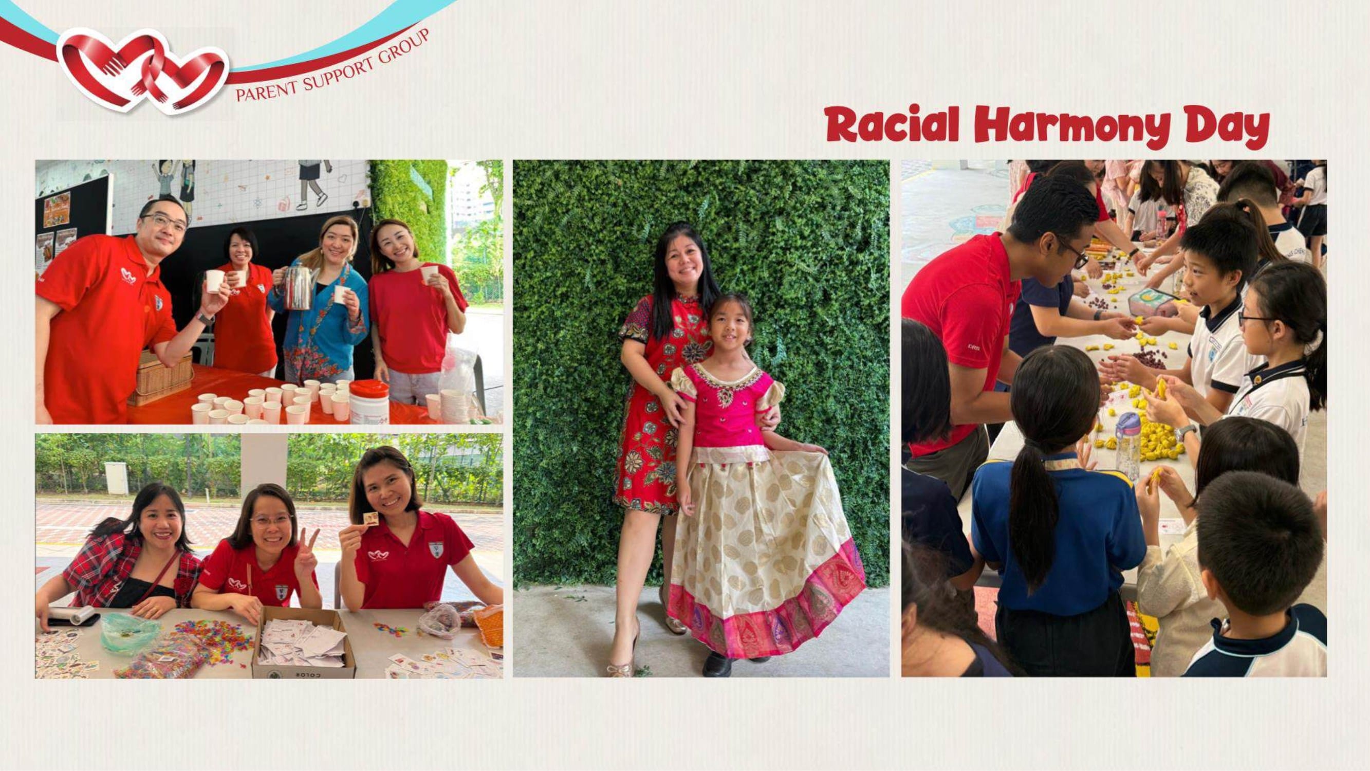 Collage of people celebrating Racial Harmony Day with traditional outfits, food stalls, and craft activities.