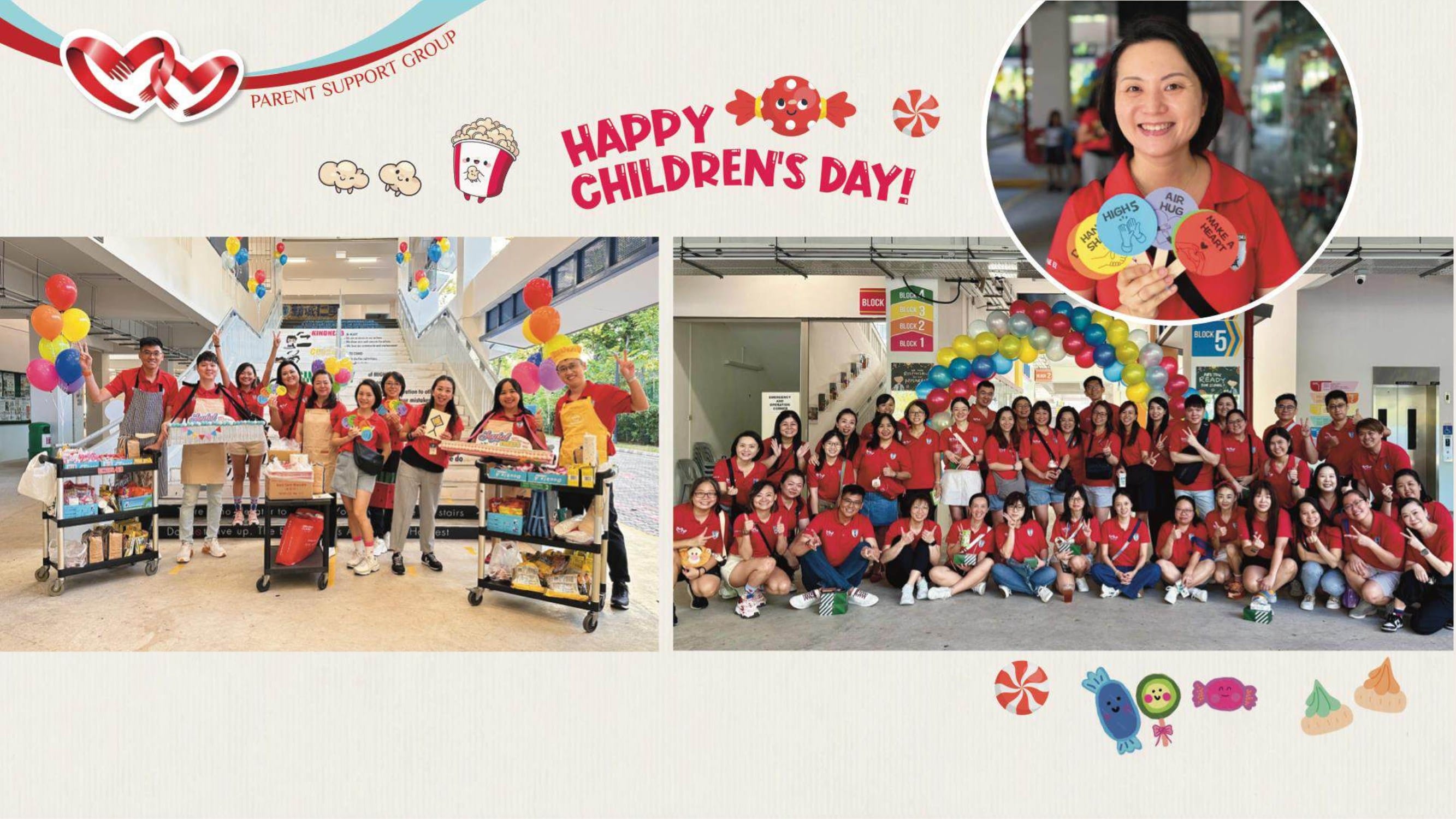 Groups of people in red shirts celebrate Children's Day with balloons, carts of treats, and a colorful balloon arch.