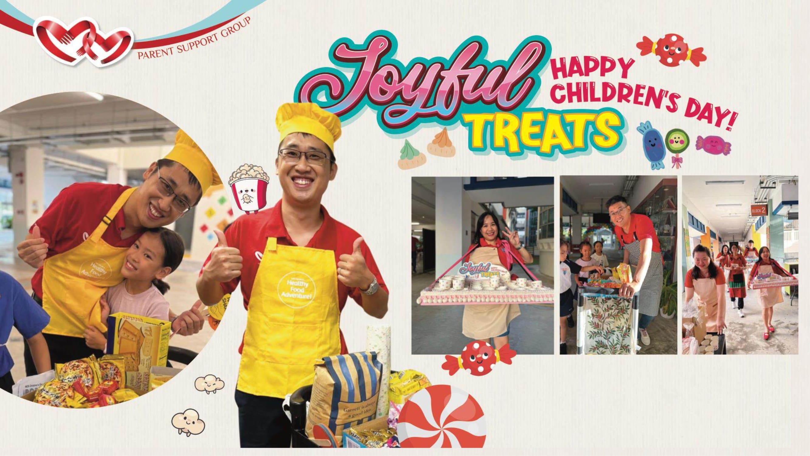 Colorful Children's Day event flyer titled Joyful Treats showing adults in aprons smiling with children and food.
