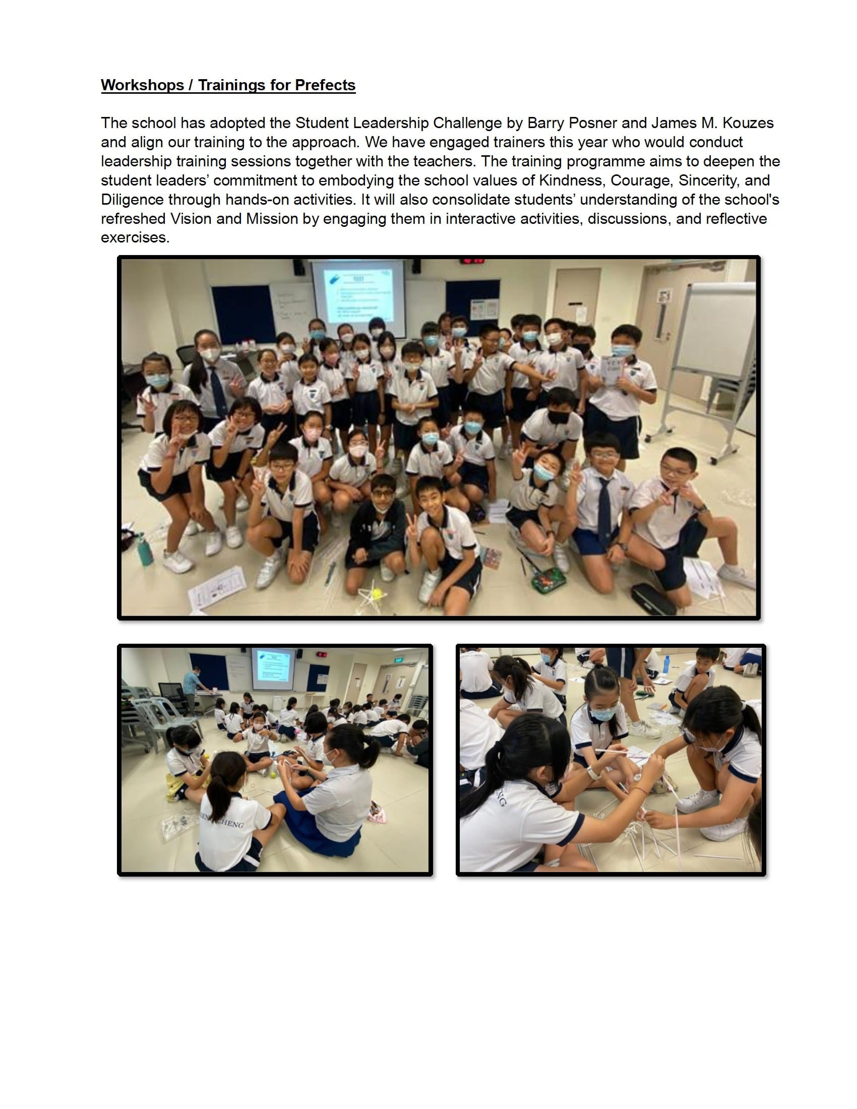 A school document about prefect workshops, with three photos of uniformed students doing group activities in a classroom.