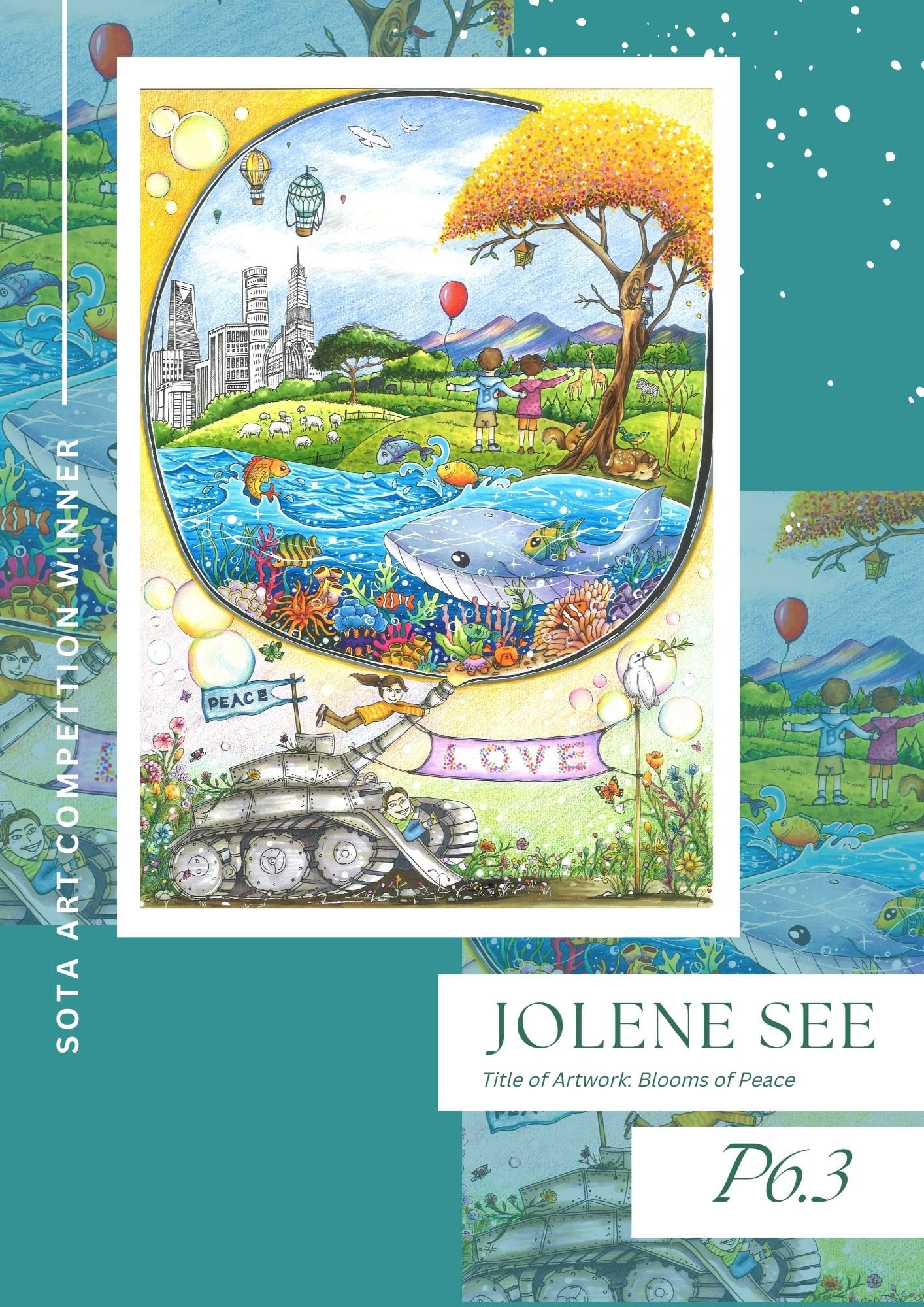 SOTA Art Competition winner artwork titled Blooms of Peace by Jolene See, showing nature, ocean life, and peace symbols.