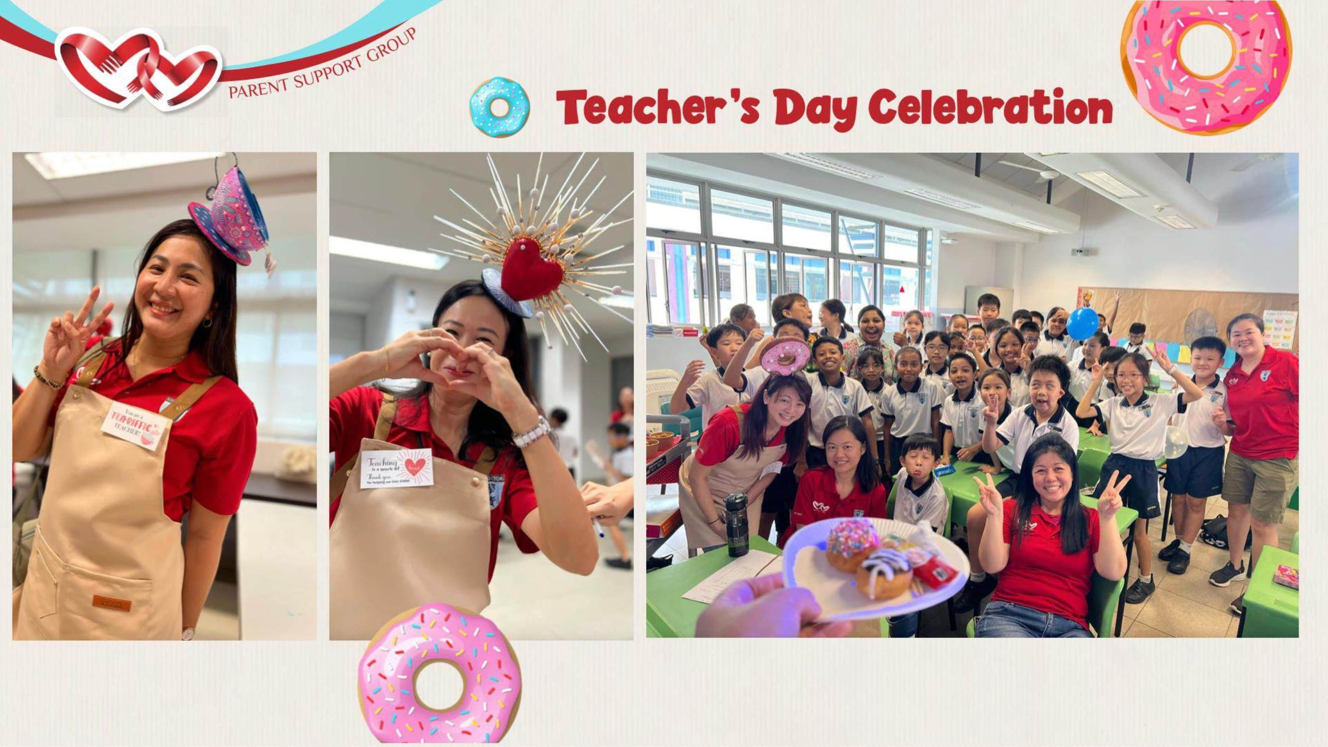Three photos from a Teacher's Day Celebration showing teachers in aprons posing with students in a classroom.