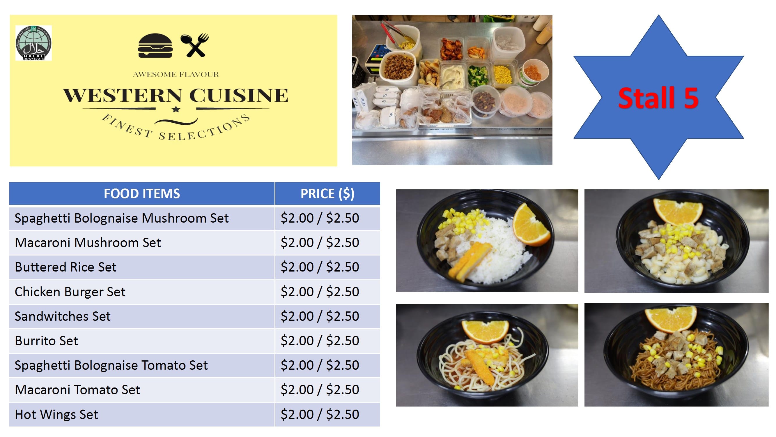 Menu for Stall 5 Western Cuisine with food items priced at $2.00 or $2.50, showing four bowl dishes with orange slices.