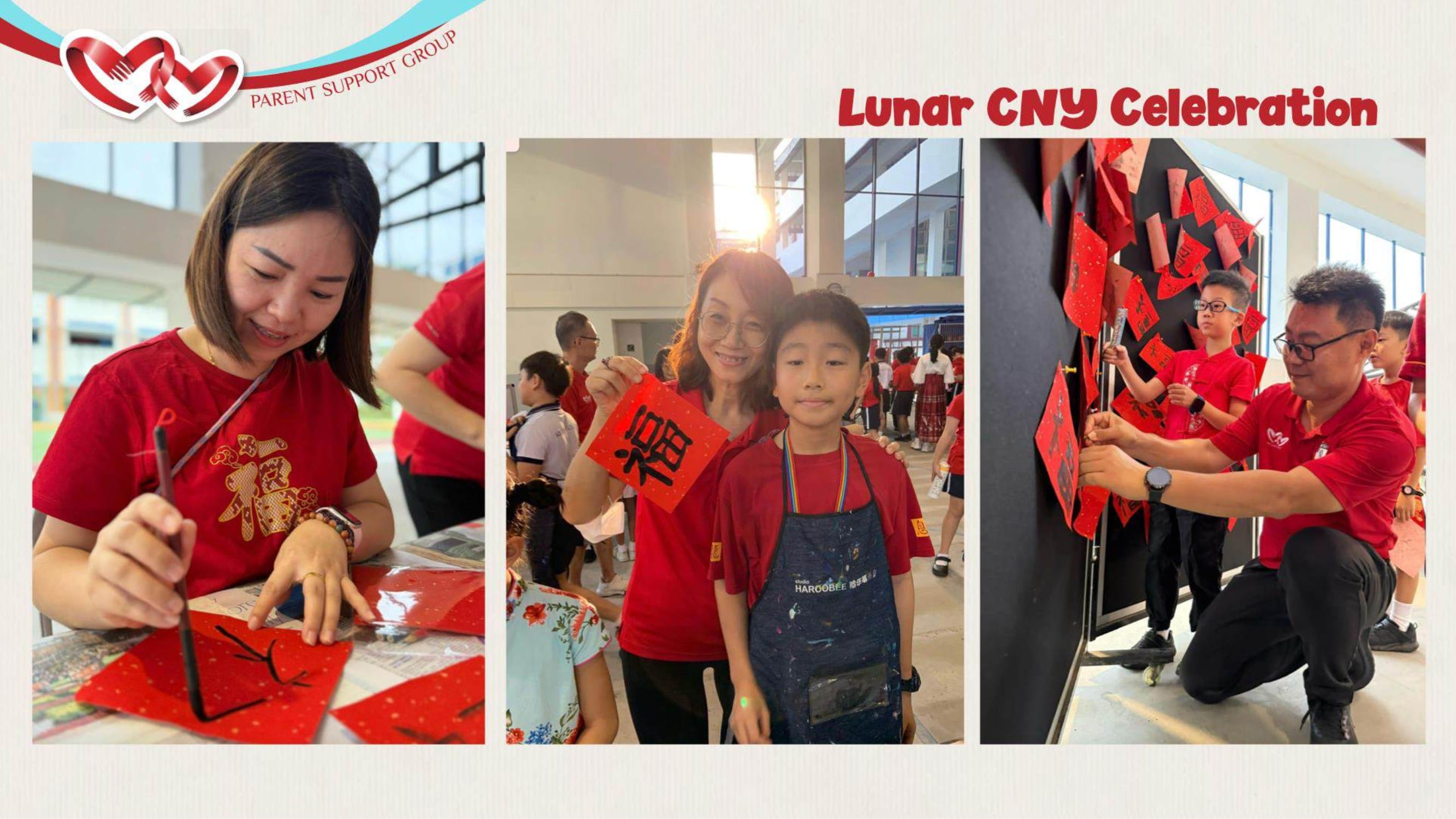Three photos from a Lunar CNY Celebration showing people in red shirts writing calligraphy and displaying red paper decorations.