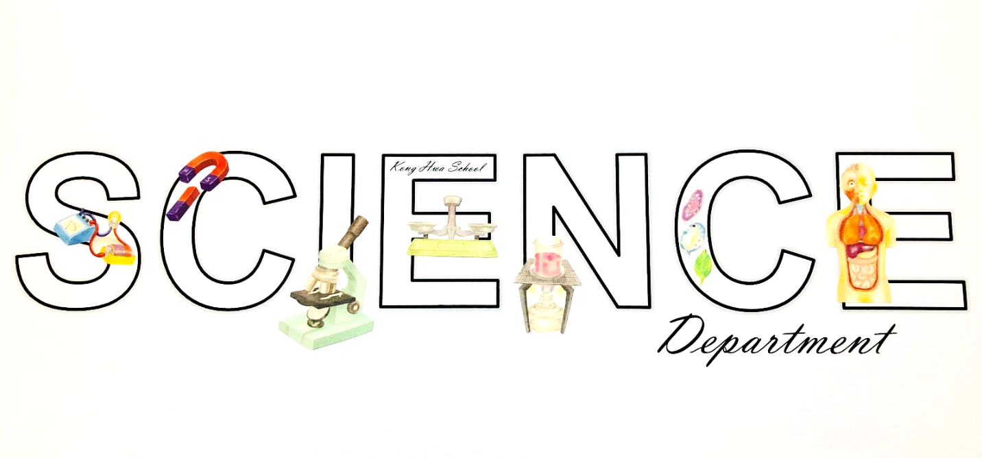 Text reading Science Department with illustrated science tools like a microscope, magnet, and human anatomy model inside the letters.