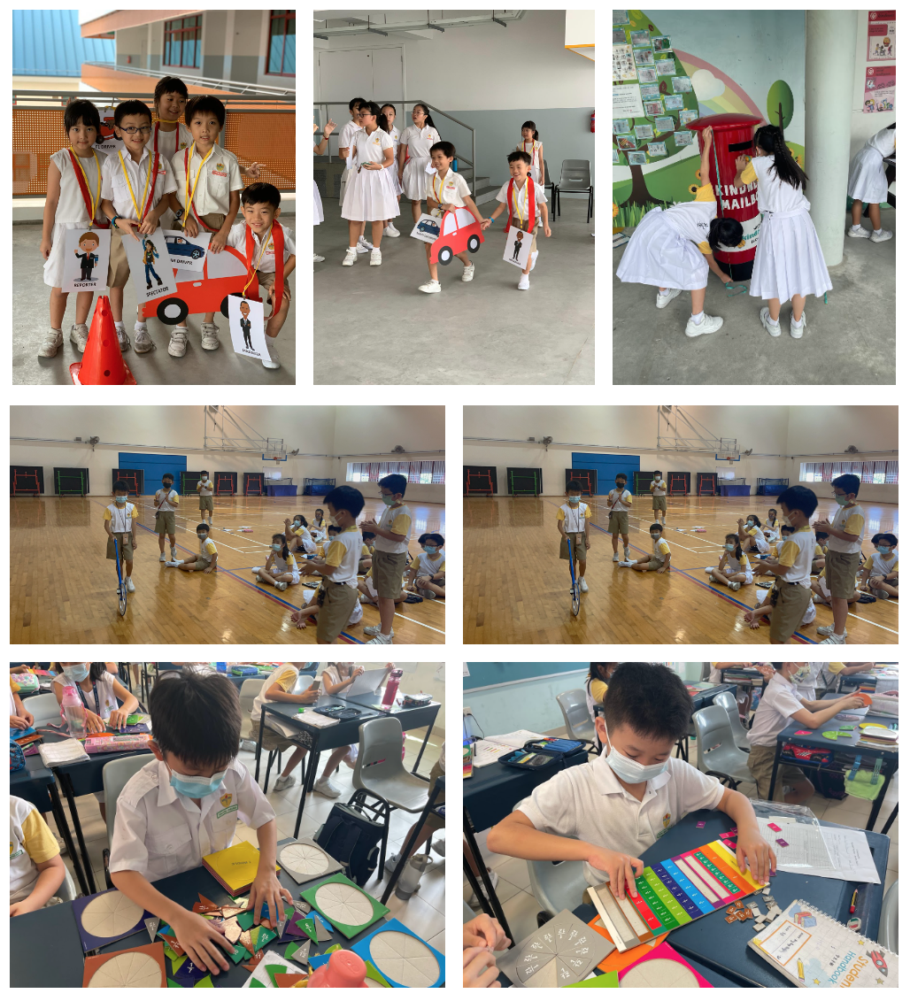 Seven photos of young students in white uniforms doing classroom and gym activities with props and learning materials.