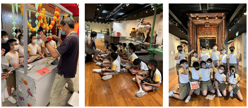 Students in matching uniforms explore a museum, sitting on floors, posing by an ornate door, and viewing a decorated exhibit.