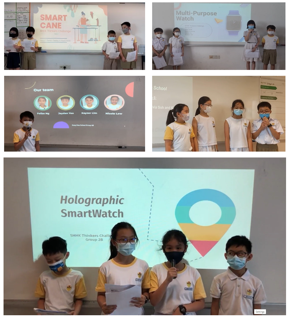 Students in masks present school projects including Smart Cane, Multi-Purpose Watch, and Holographic SmartWatch on projected slides.