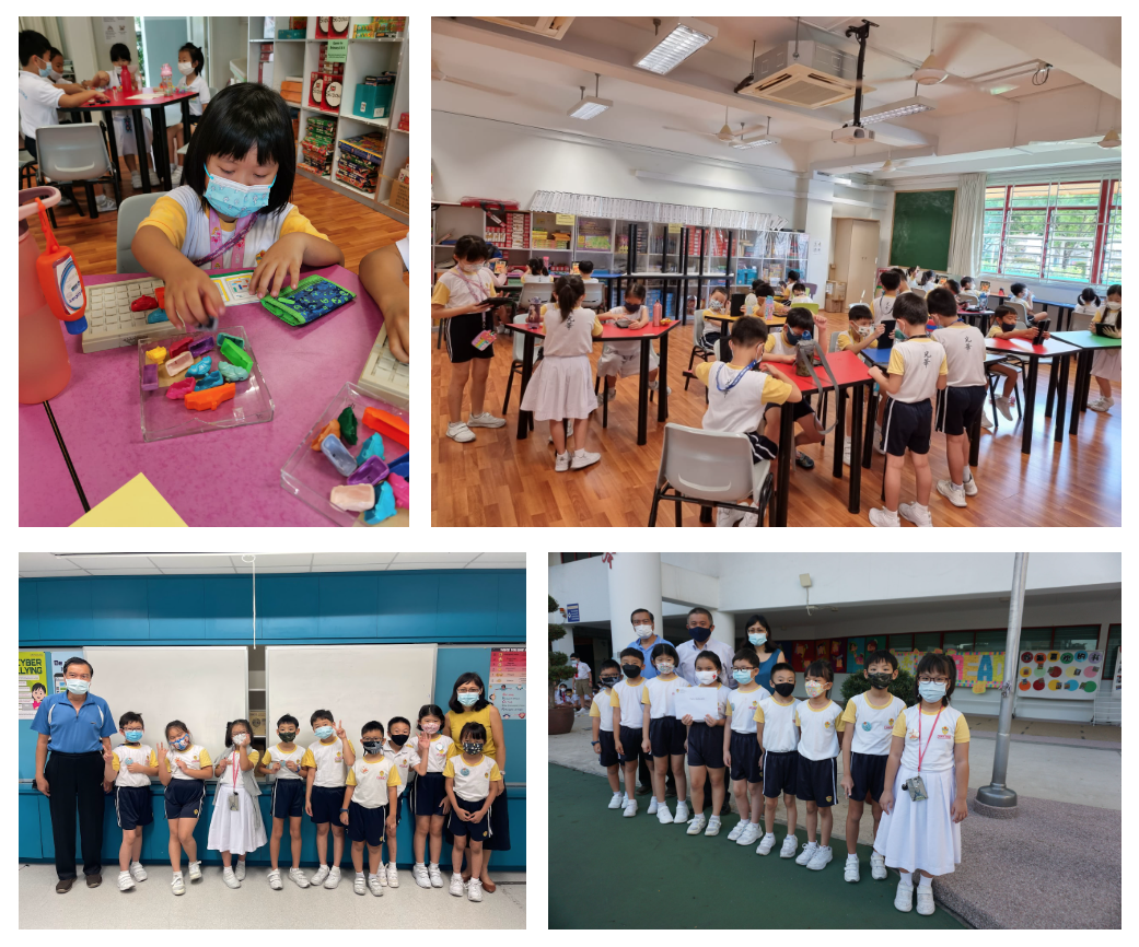 Four photos of masked young students in school uniforms, playing with toys, working at tables, and posing in groups.