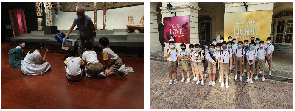 Students in uniforms and masks on a museum field trip, sitting on a floor with a guide and posing outside.