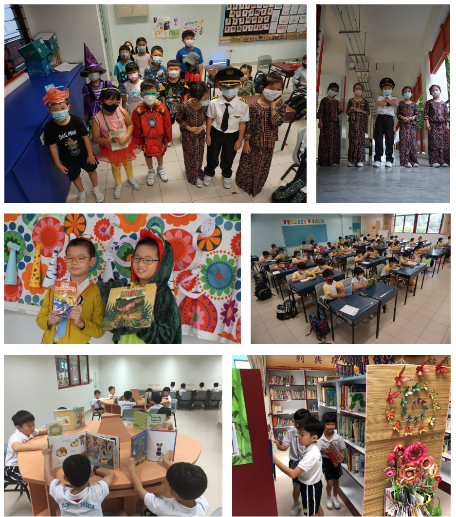 Six photos of school children in costumes, reading books, studying in classrooms, and browsing a library.