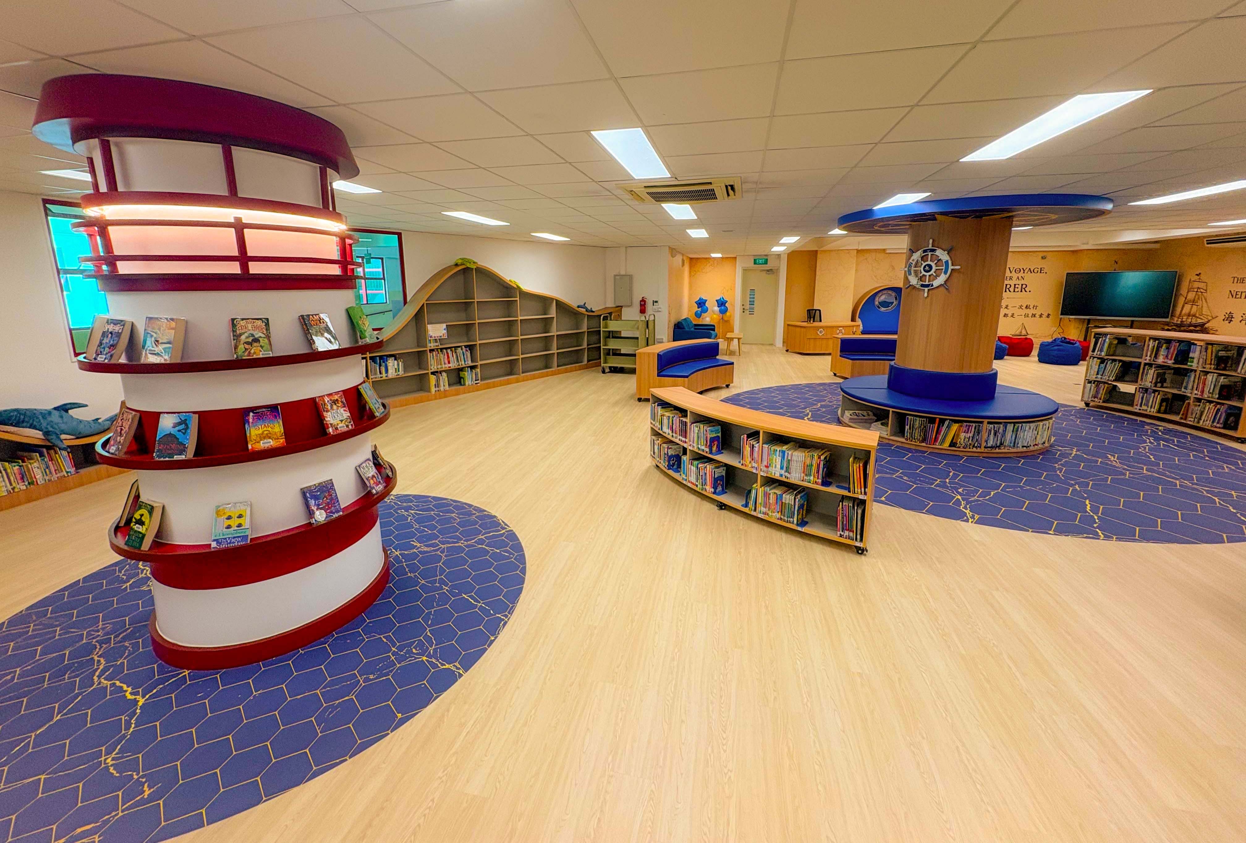 bright school library with a sea exploration theme