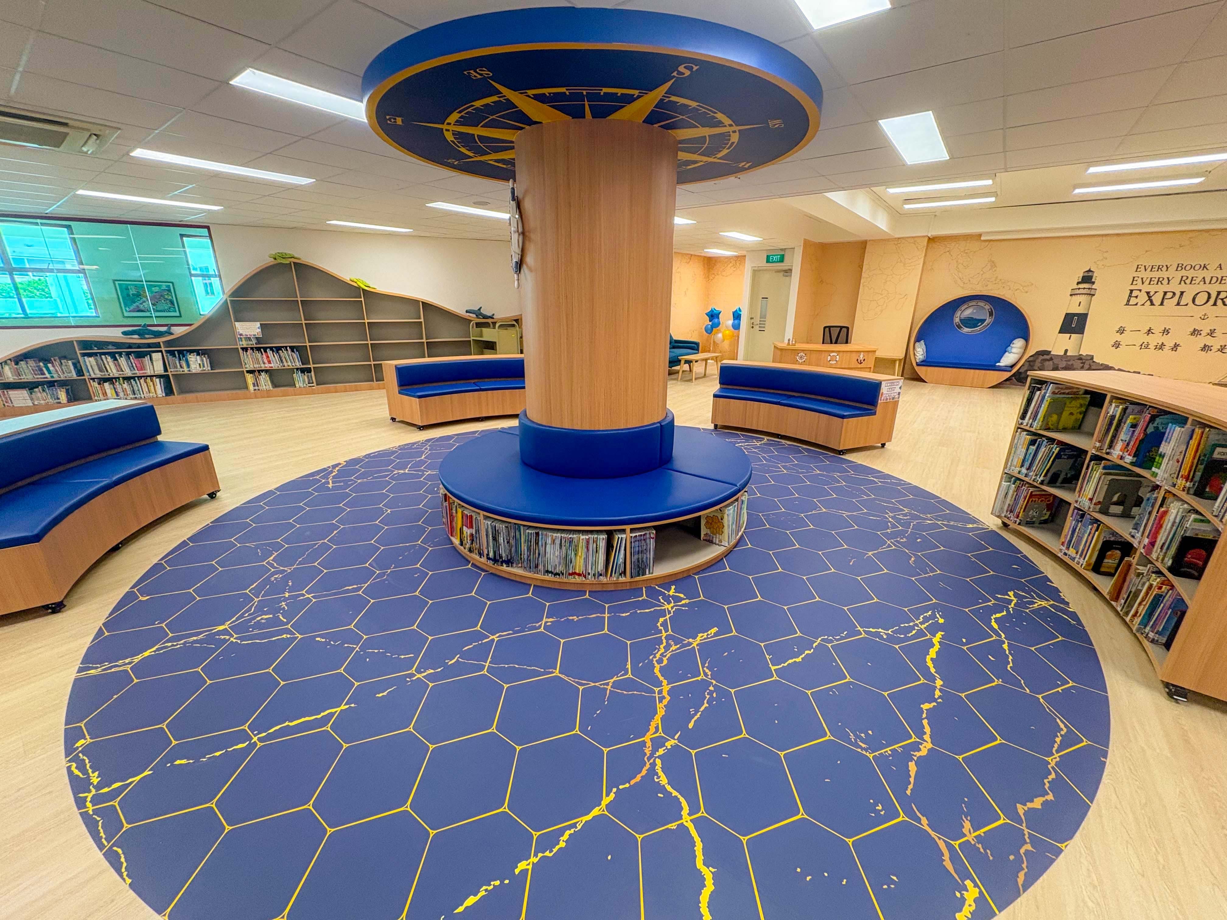 bright school library with a sea exploration theme