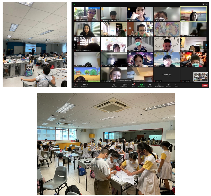 Three panels showing students in classrooms and a video call with many participants in a grid view.