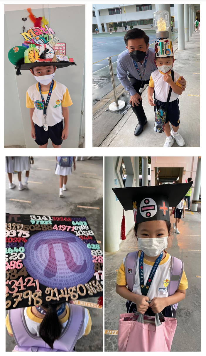 Children wearing creative math-themed hats with numbers and symbols at a school event, with principal posing alongside one child.