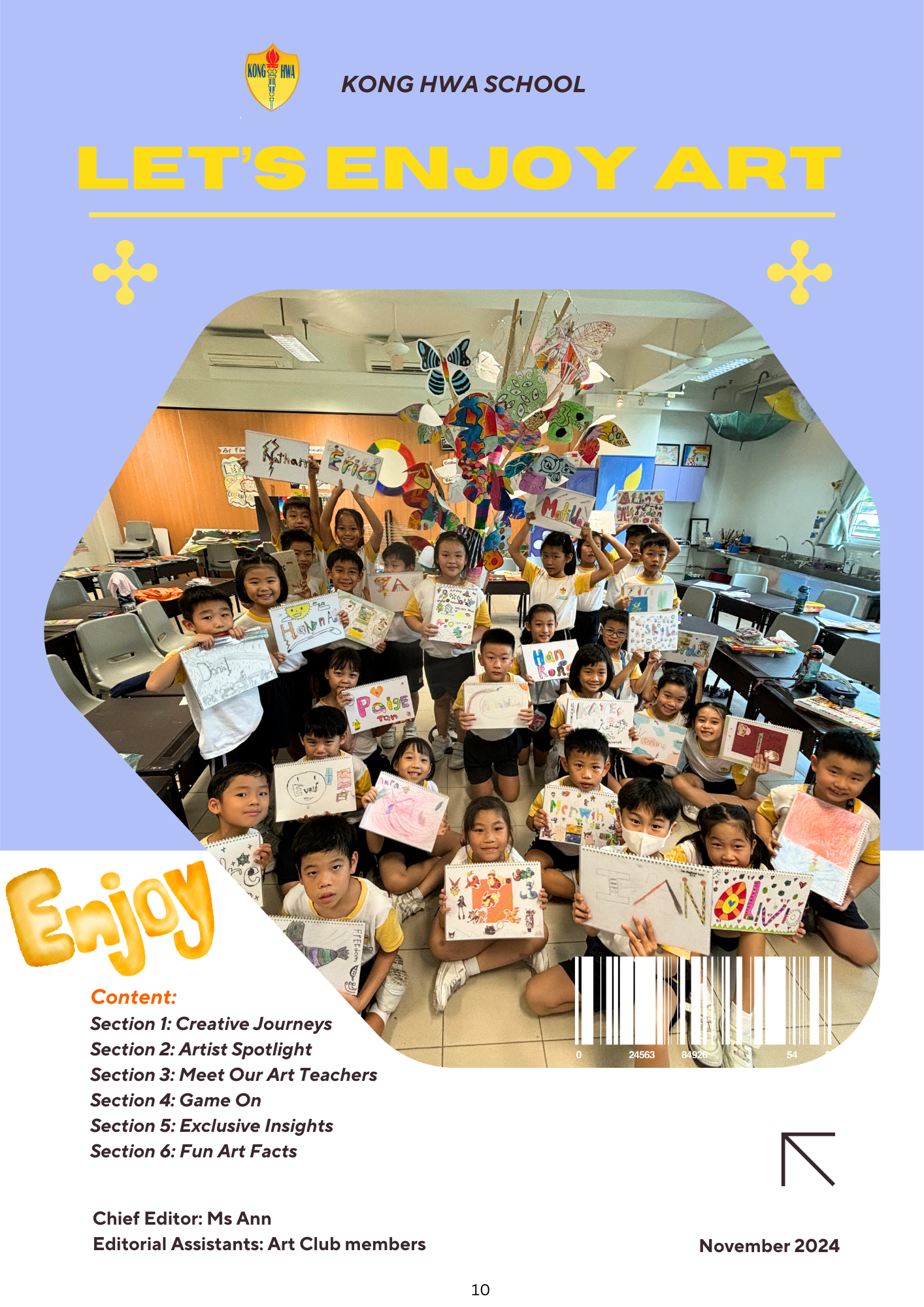Kong Hwa School magazine cover showing children holding up their colorful artwork in a classroom.