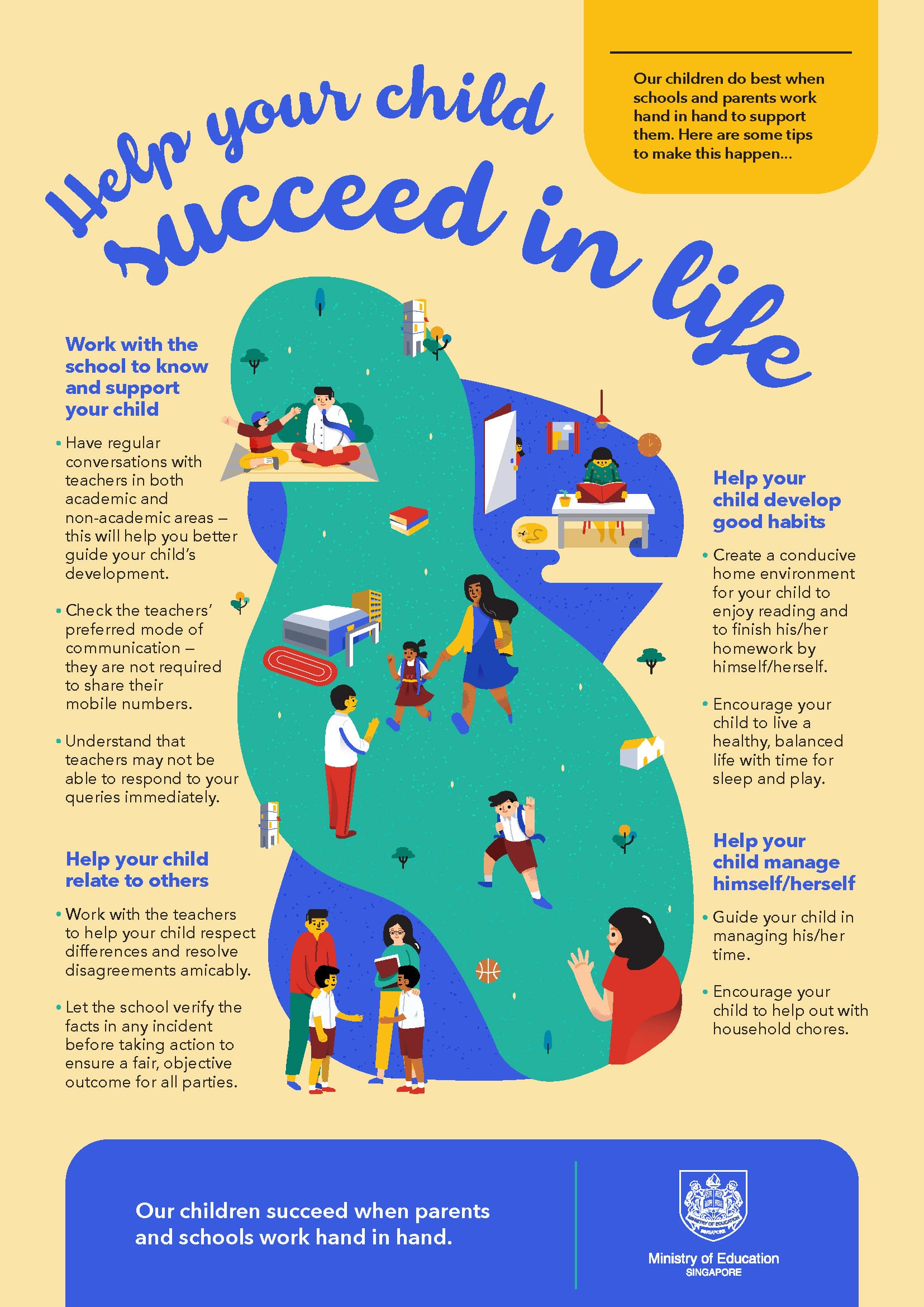 Singapore Ministry of Education poster with tips for parents to help their child succeed in life.