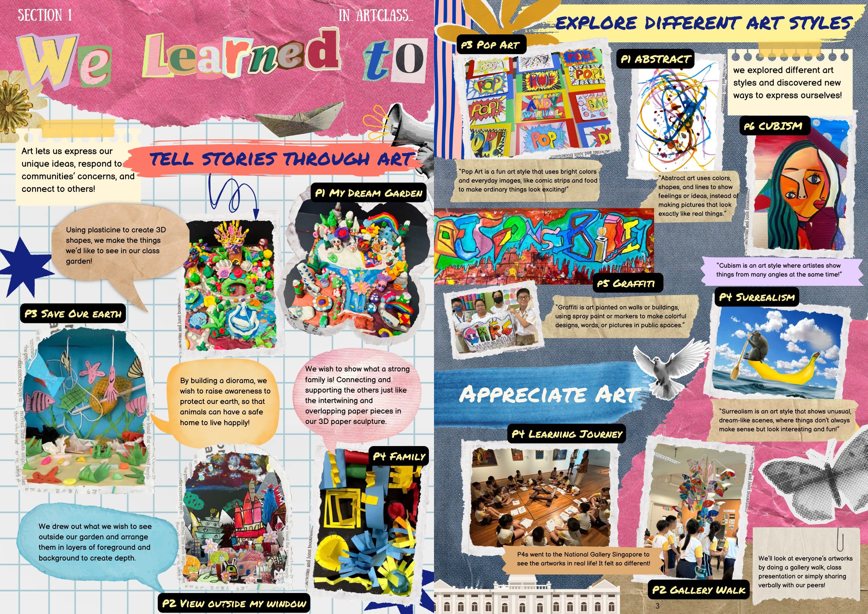 Colorful school art newsletter showing student projects, art styles like pop art and cubism, with photos and descriptions.