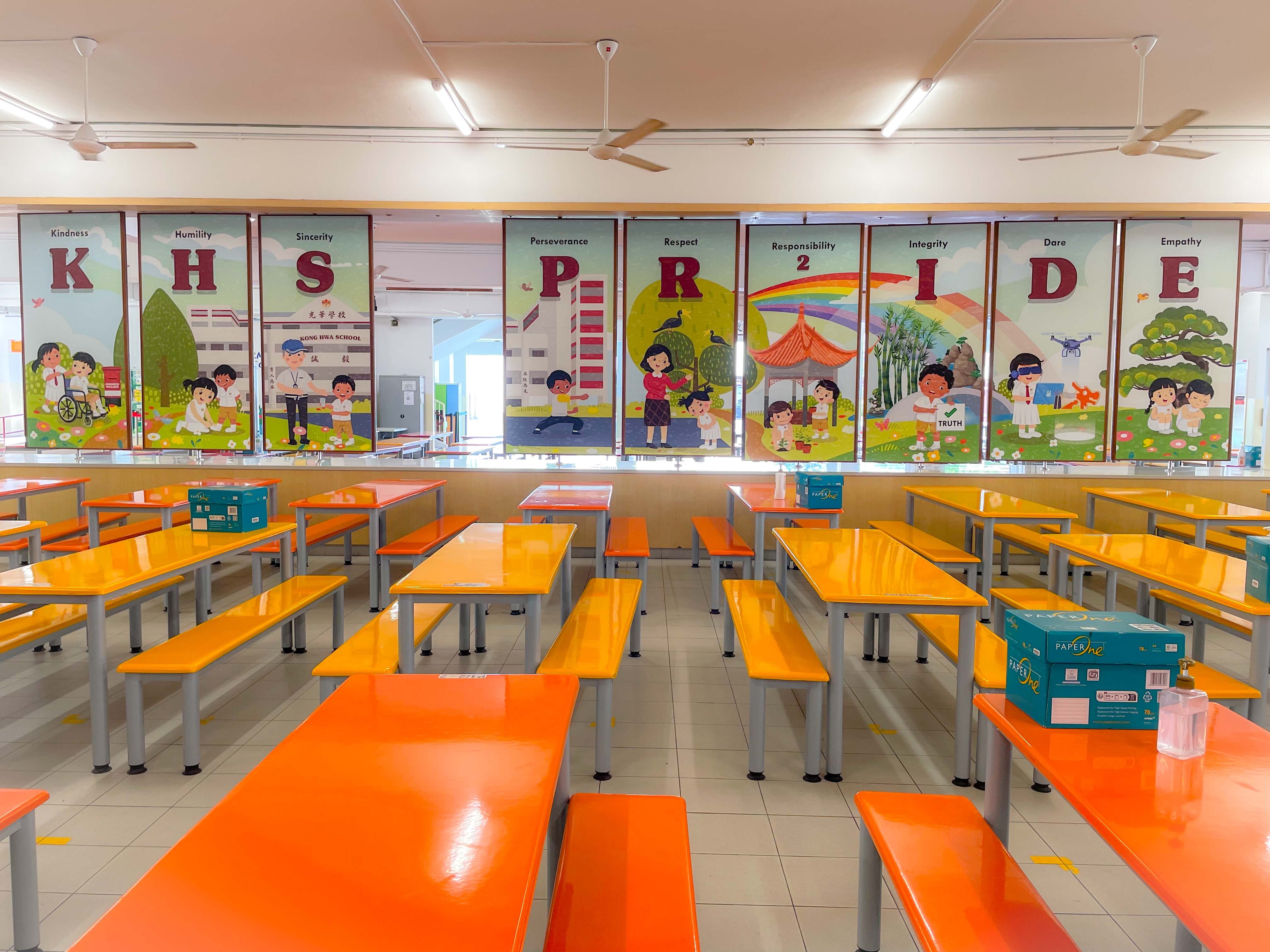 Empty school canteen with orange tables and benches, and colorful KHS PRIDE values banners on the wall.