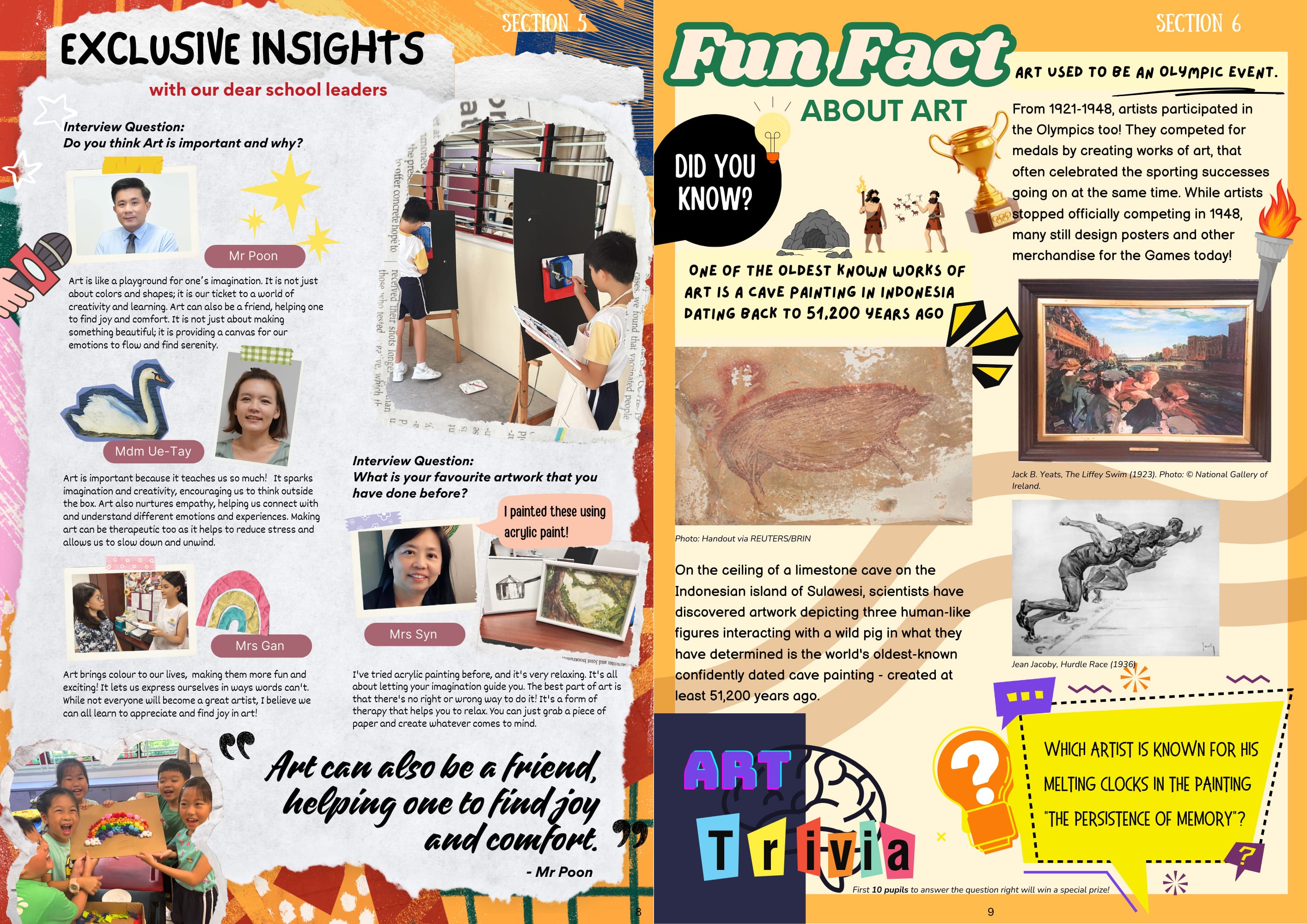 Colorful school newsletter spread with art insights, fun facts about cave paintings, Olympic art history, and an art trivia section.