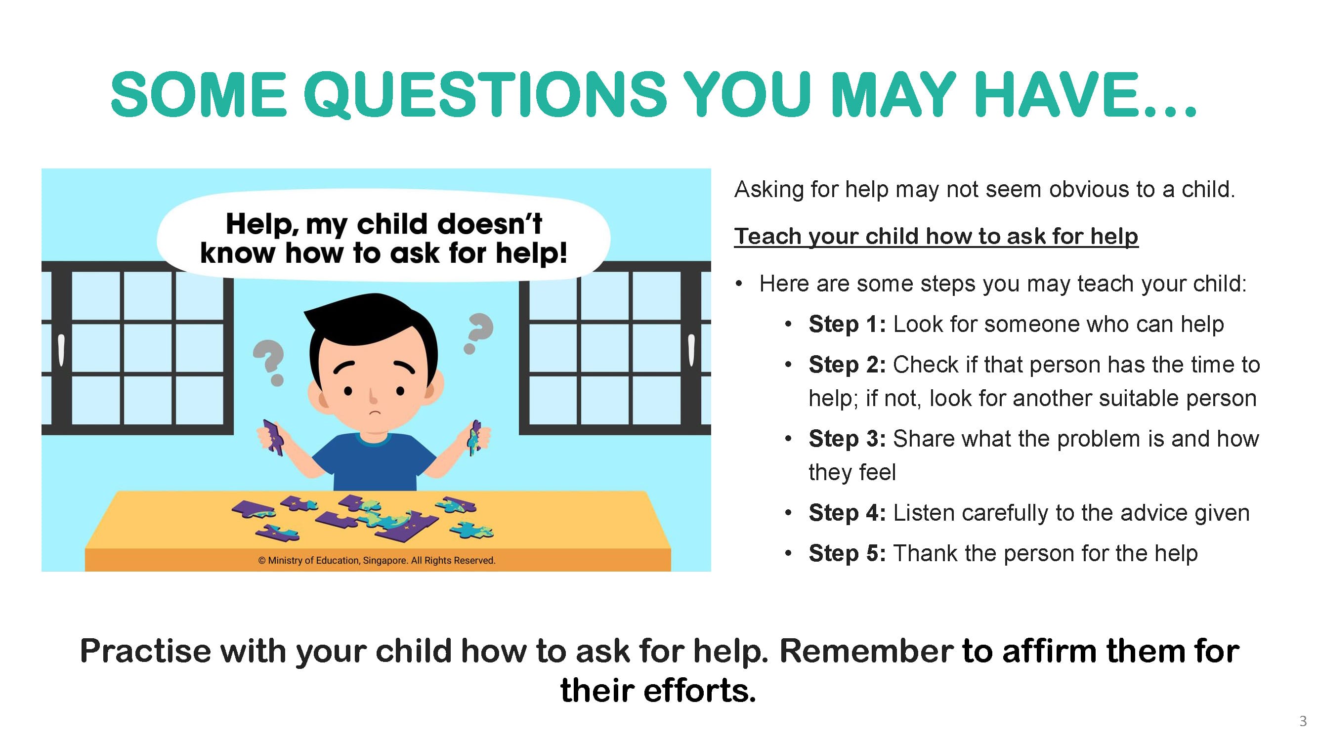 Slide titled "Some Questions You May Have" with five steps to teach a child how to ask for help.