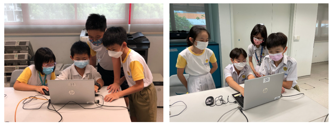 Four masked schoolchildren gather around HP laptops on white desks in two side-by-side classroom photos.