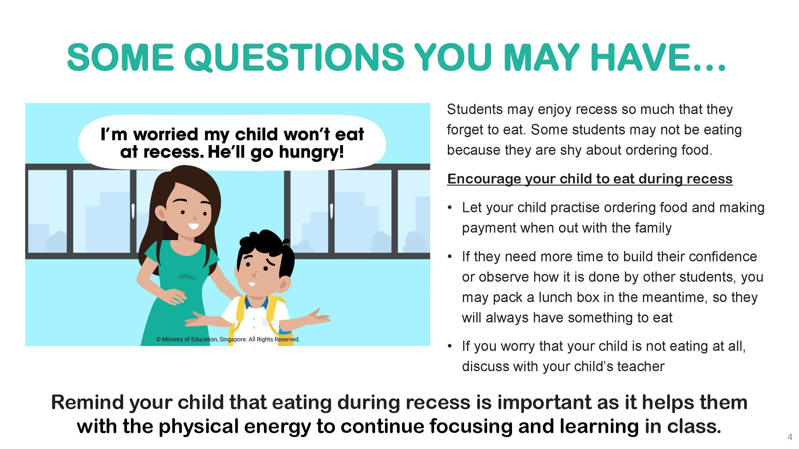 Slide titled "Some Questions You May Have" with a cartoon mother and child and tips on encouraging kids to eat at recess.