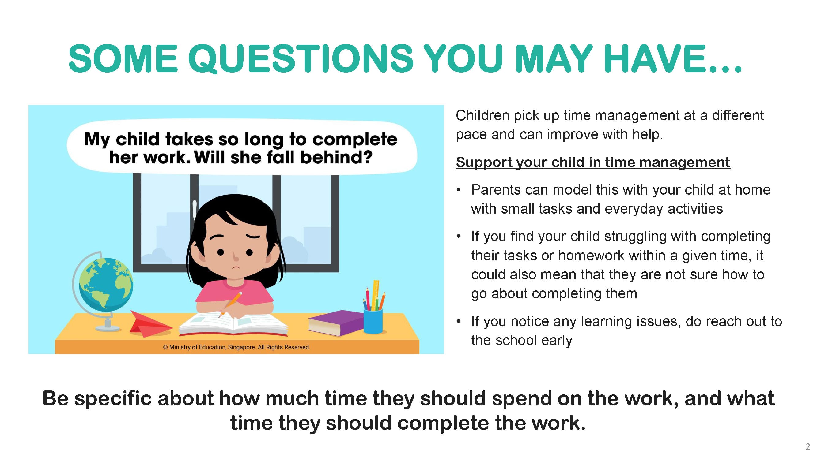 Slide titled "Some Questions You May Have" showing a cartoon girl at a desk with tips on supporting children's time management.