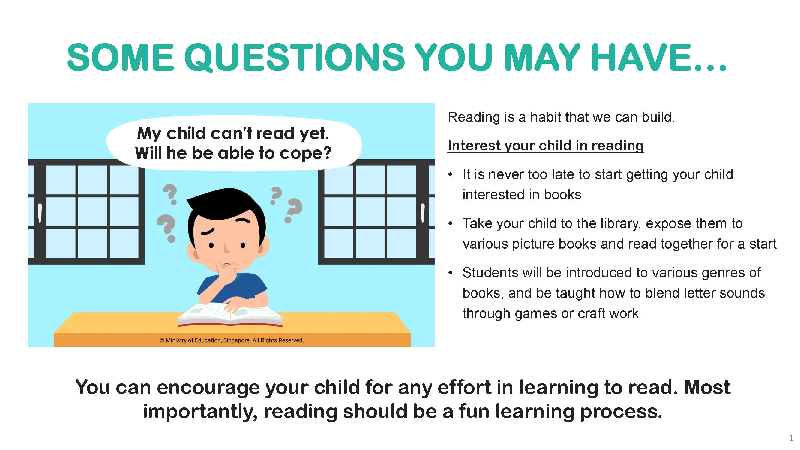 Slide titled "Some Questions You May Have" with a cartoon boy reading, and tips on building children's reading habits.