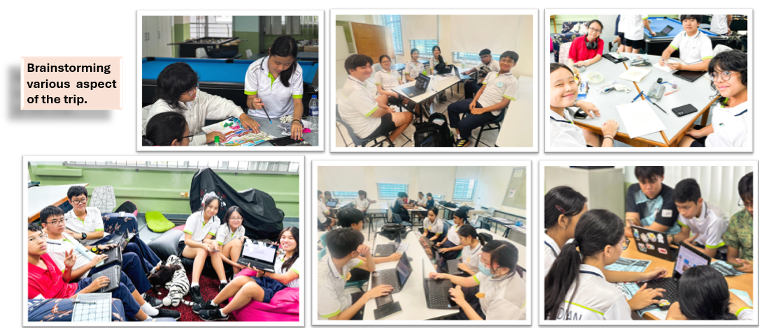 Six photos of students in school uniforms brainstorming and collaborating using laptops and materials in classrooms.