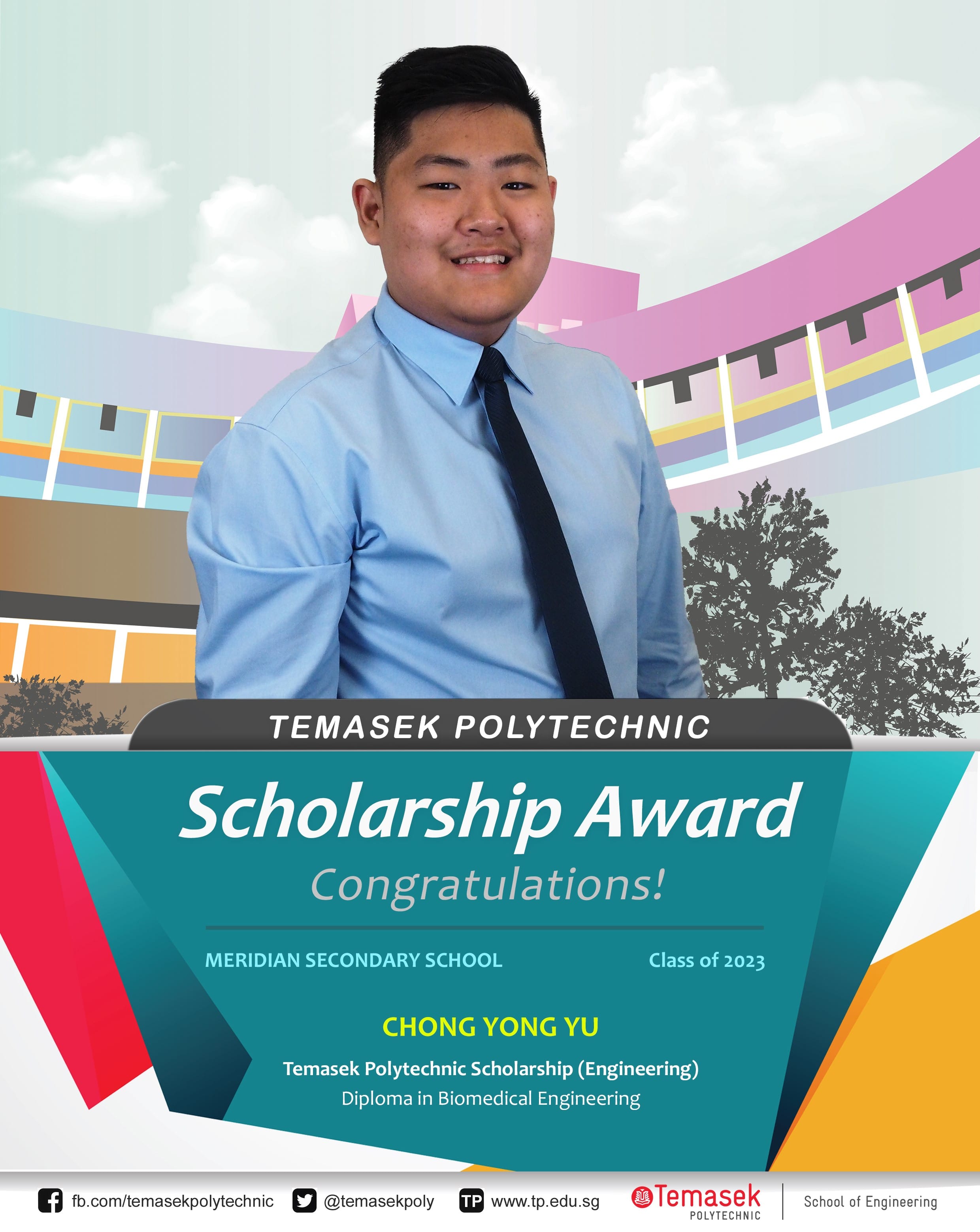 Young man in blue shirt and tie on a Temasek Polytechnic Scholarship Award announcement for Chong Yong Yu, 2023.