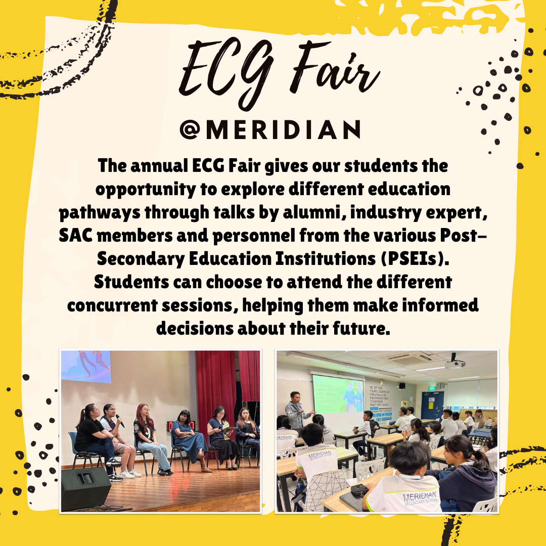 Flyer for ECG Fair at Meridian with two photos showing panel speakers on stage and students in a classroom session.