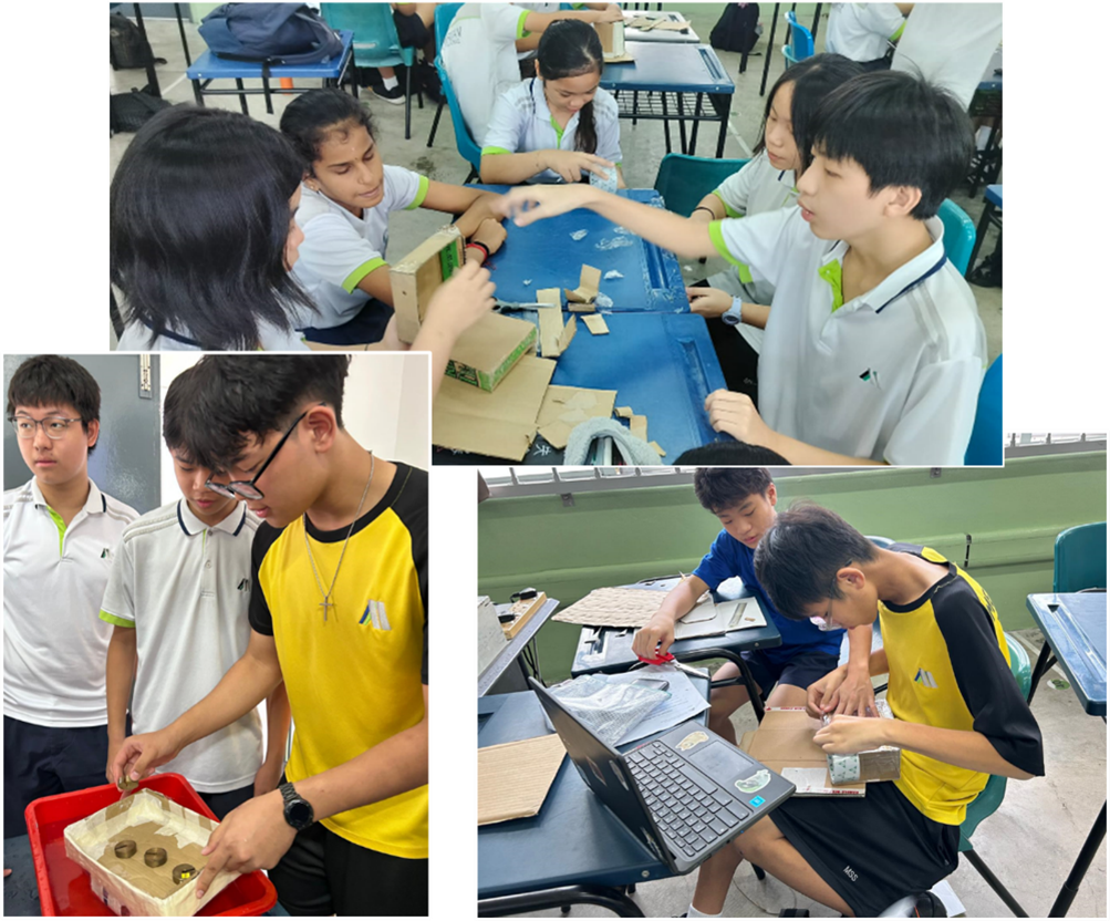 Students in school uniforms work on hands-on projects using cardboard, sand, and tools at tables.