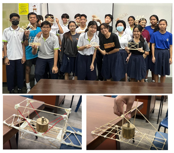 A group of students holding small wooden stick structures, with close-ups showing a stick bridge model supporting a metal weight.